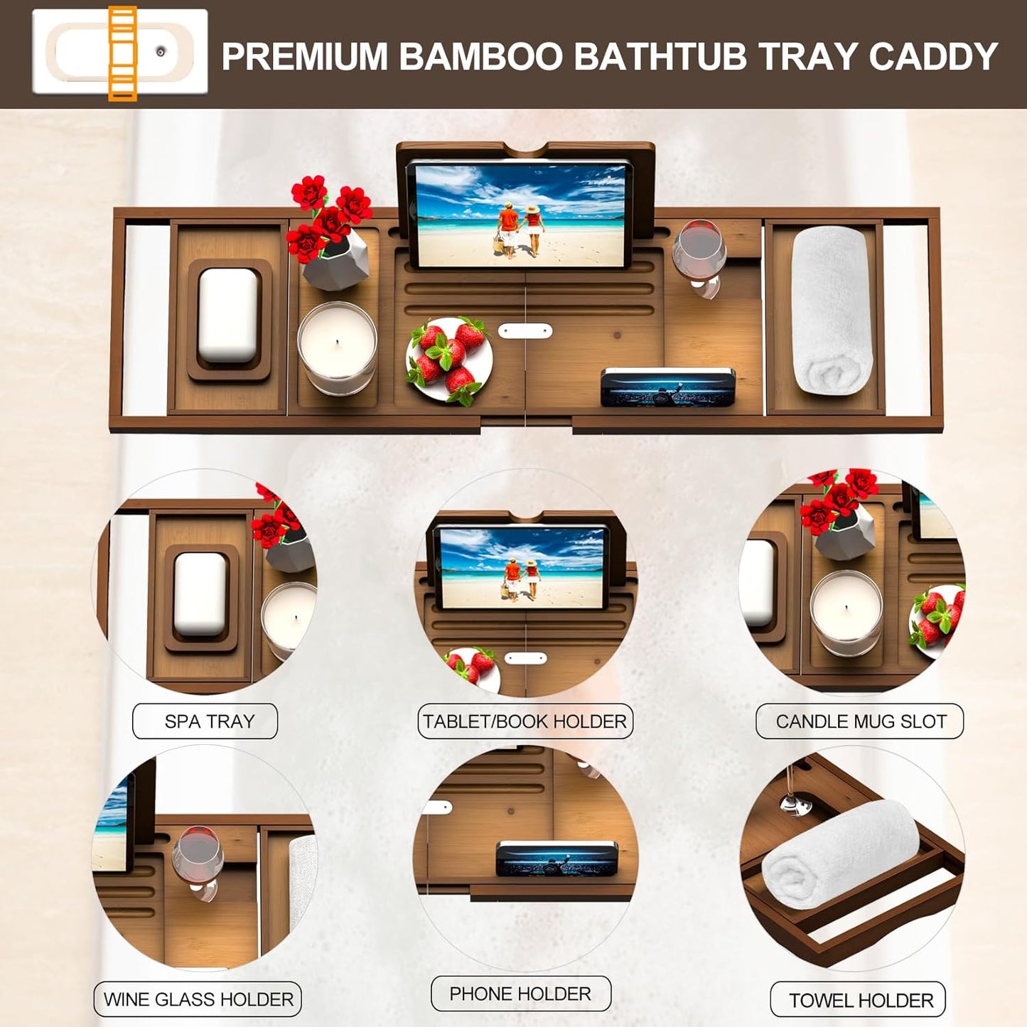 Premium Bathtub Tray Caddy - Bath Table Tray for Bathtub - Bath Tub Tray Table for Bathtub, Expandable Size, Fits Most Bath Tubs