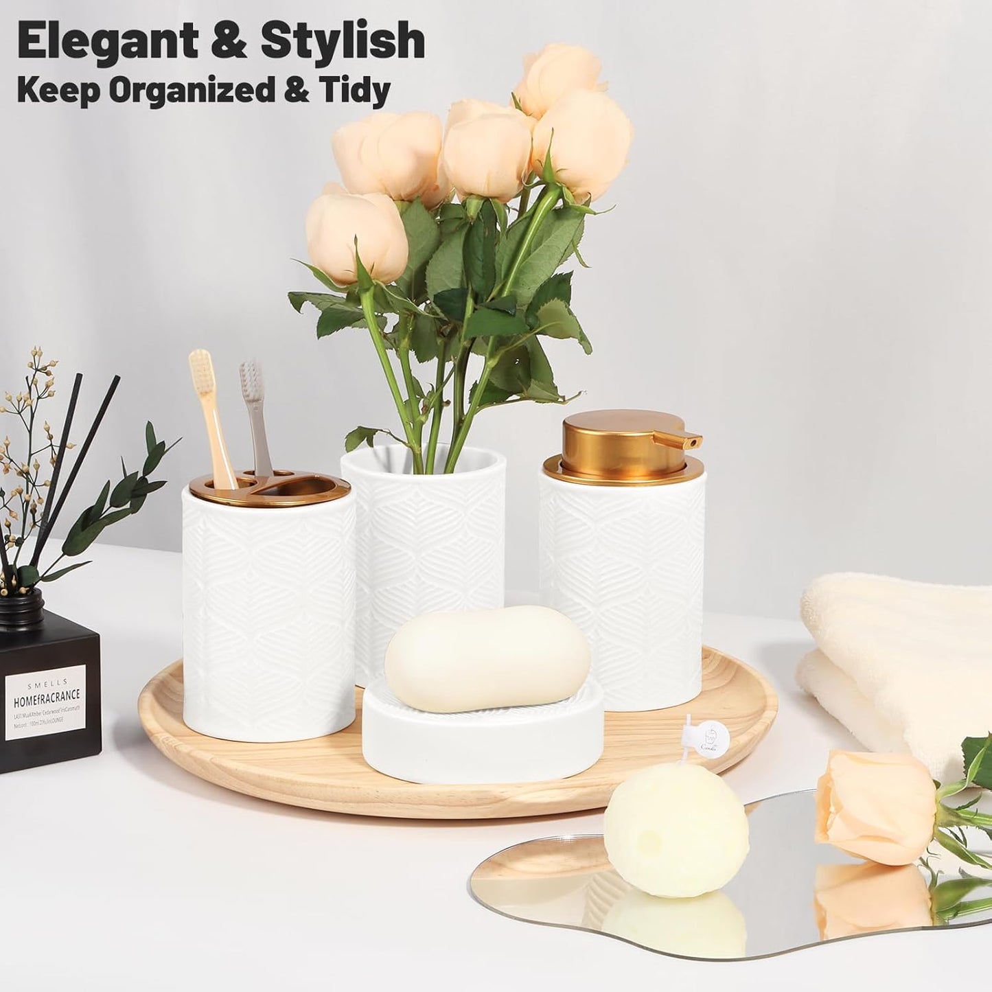 Ceramic Bathroom Accessories Set, 4 Pcs-Includes Lotion Soap Dispenser, Toothbrush Holder, Vanity Tray, and Tumbler, Modern Bathroom Decor Organizer with Soap Dish, Apothecary Jar, White Color