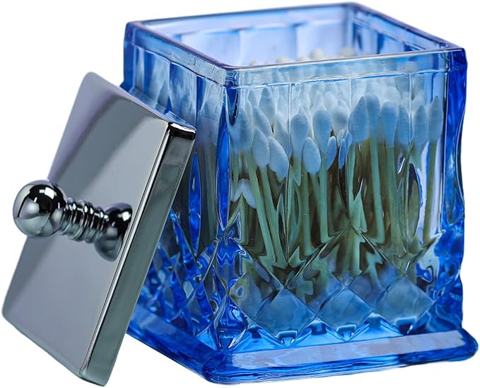 Qtip Holder,15Oz Blue Glass Apothecary Jars with Silver Lids for Bathroom Organization & Desk Storage,Thick Glass Apothecary Jars for Q-Tips,Cotton Rounds,Jewelry,Candy,Square