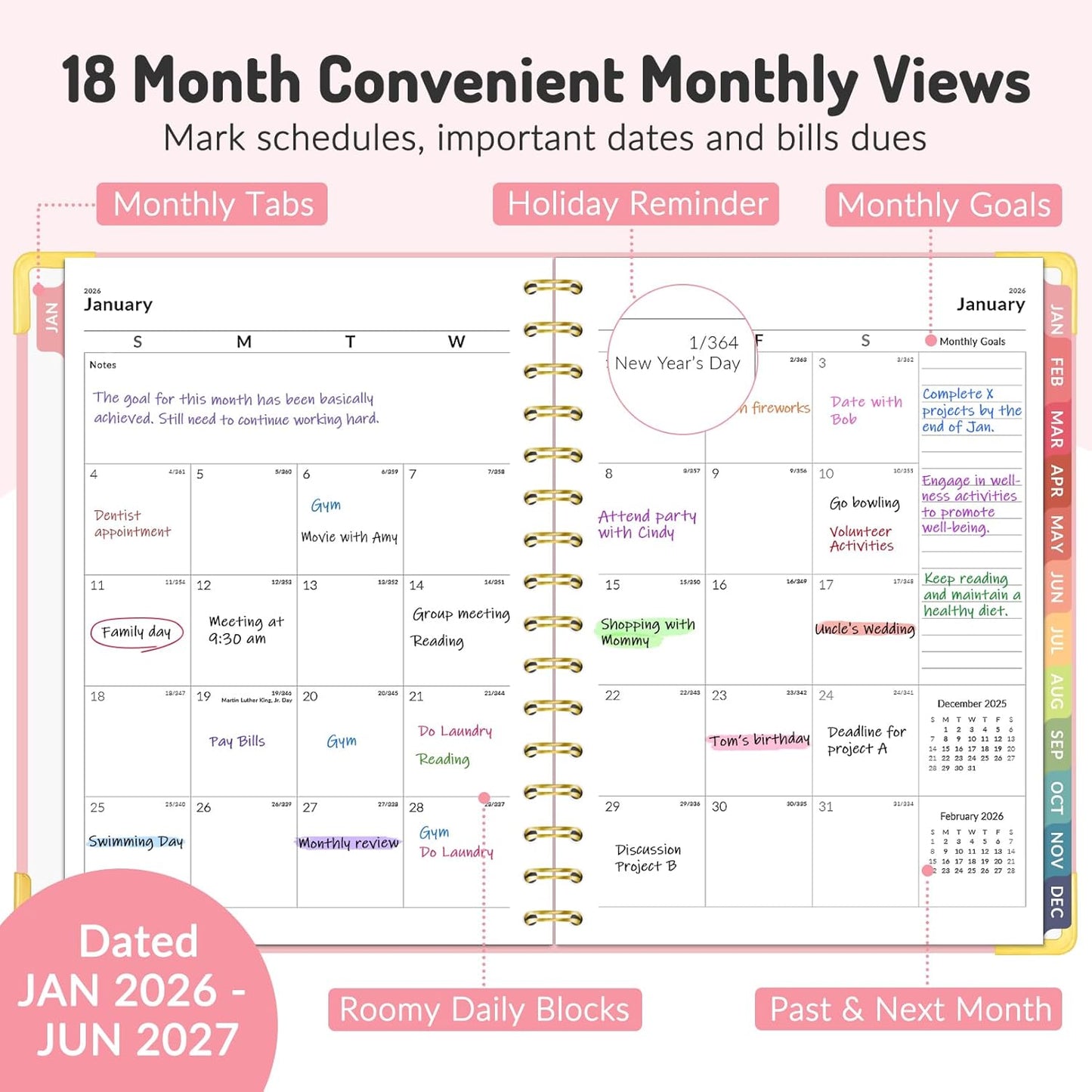 Forvencer Planner 2026-2027, 18 Month Weekly and Monthly Calendar Planner, Jan 2026 -June 2027, 6.3" x 8.4", Daily Agenda Book with Tabs, College Organizer Notebook, School Supplies for Student Teacher Classroom, A5, Black
