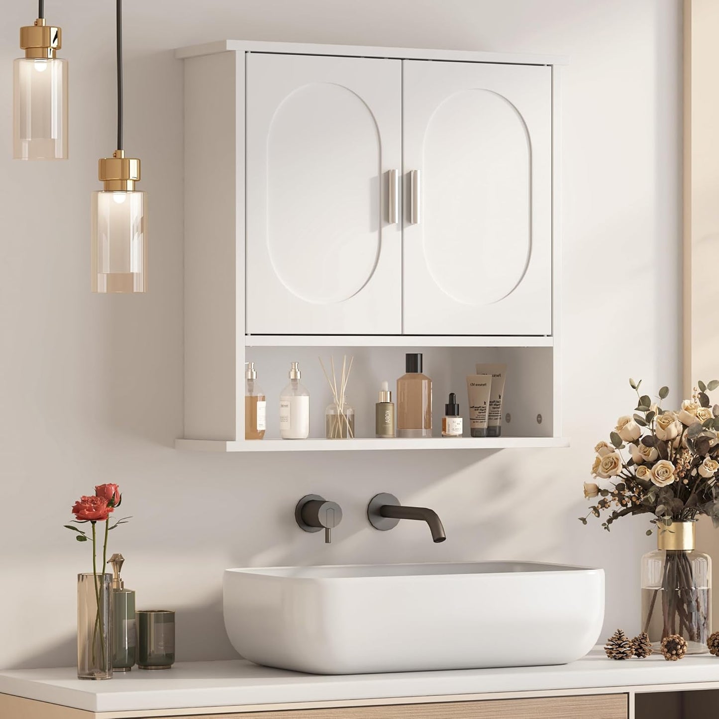 Medicine Cabinet for Bathroom,2 Doors White Bathroom Wall Cabinet with Oval,Over Toilet Storage Cabinet for Laundry Room/Kitchen/Living Room,Surface Mount Medicine Cabinets 23x24