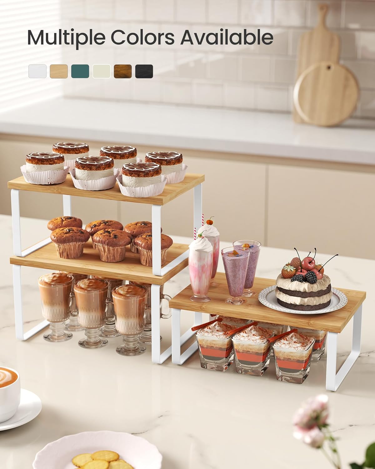 SONGMICS Cabinet Organizer Shelf, Set of 3 Kitchen Counter Shelves, Kitchen Storage, Spice Rack, Stackable, Expandable, Cloud White and Natural Beige UKCS014YL02