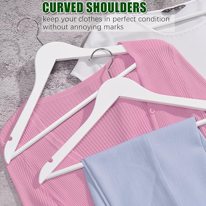Amber Home White Wooden Hangers 30 Pack - Coat Hangers With Non-Slip Pant Bar for Shirts, Jackets, Dress