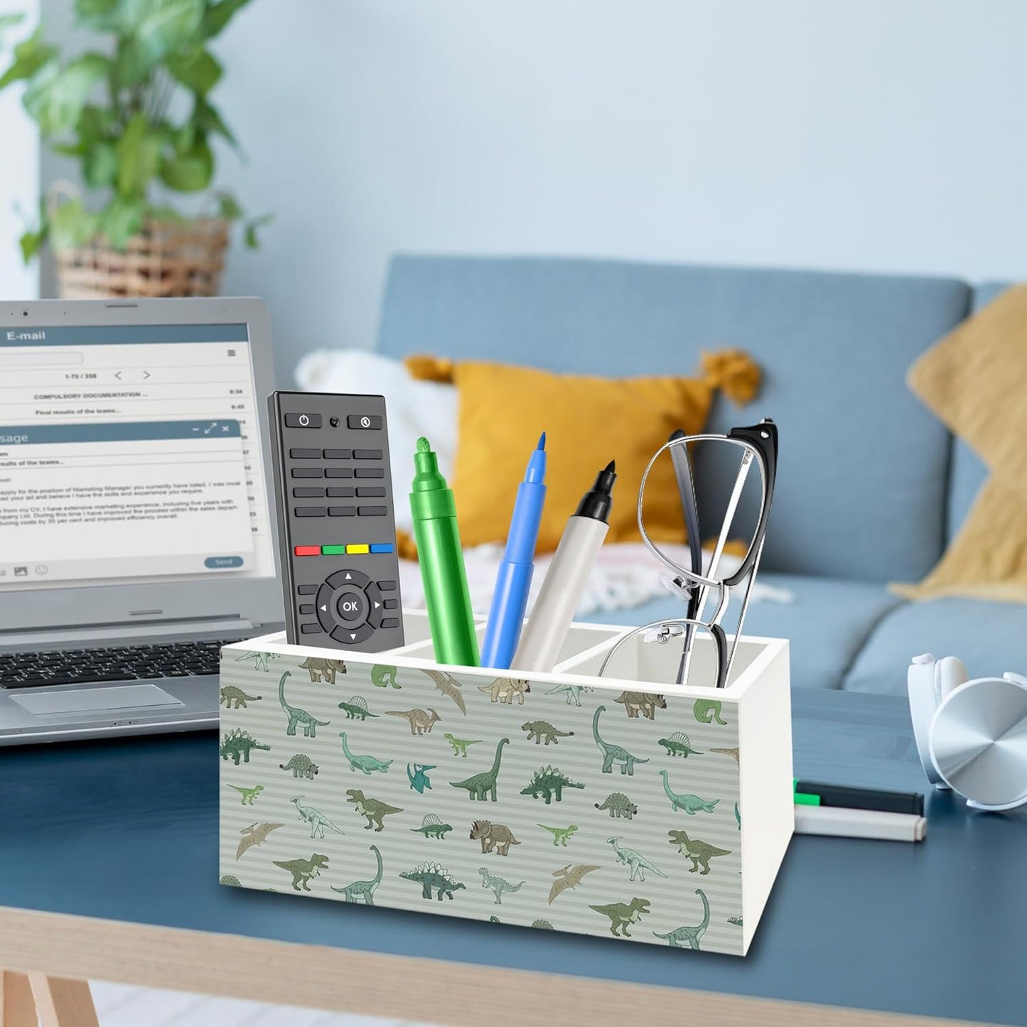 Dinosaur Gifts Pen Pencil Holder Organizer for Desk, Dinosaur Gifts for Boys Kids, Dino Striped Wooden Box Signs Decorations for Home Classroom Kids Boys Room Bedroom Desk Tabletop