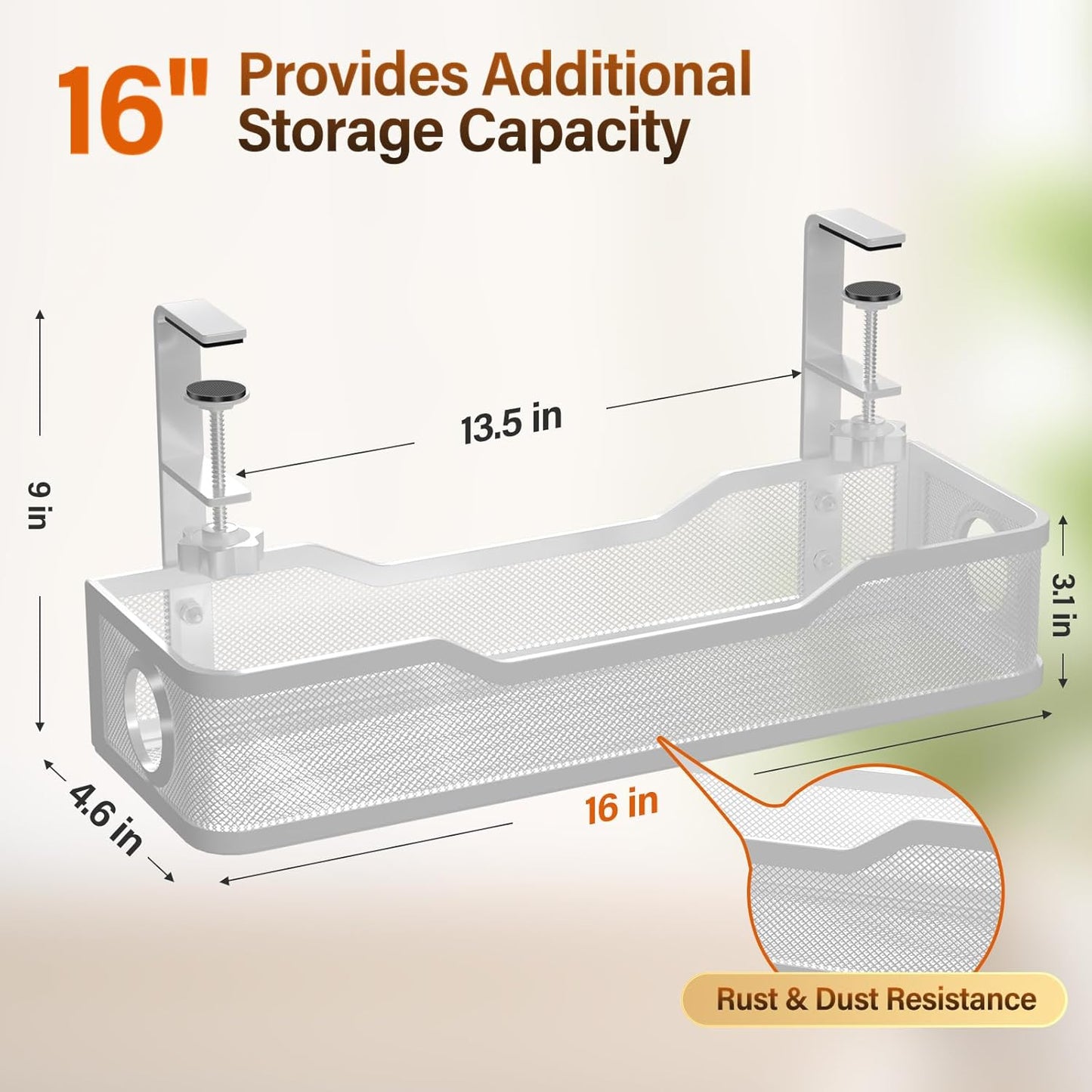 [Upgraded] Under Desk Cable Management Large, Cinati 16" Cable Management Box for Table Thickness up to 3", Wire Cord Organizer with Clamp No Drill, No Damage to Desk (White)
