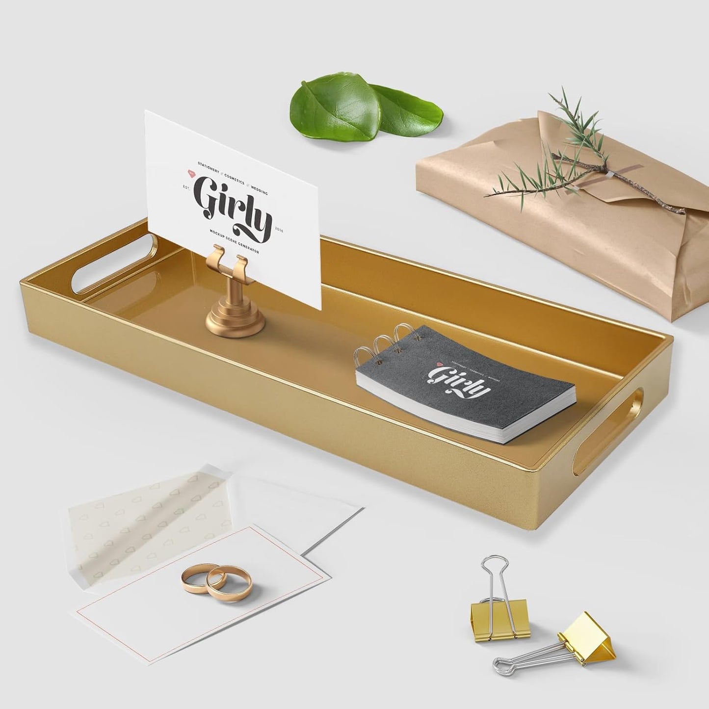 Plastic Gold Vanity Tray with Handles, Small Decorative Tray Desktop Storage Organizer for Bathroom, Living Room, 13.7"*5.9"*1.37"