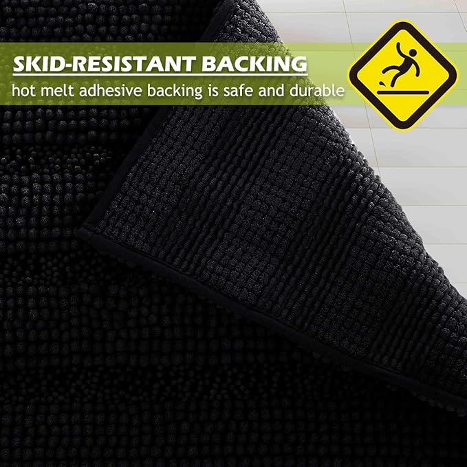 KGORGE Black Bath Mat - Quick Drying Bathroom Rugs Non-Slip Water Absorbent Thick Shaggy Chenile Shower Rug for Toilet Tub Kitchen, 47" x 17", 1 Pc