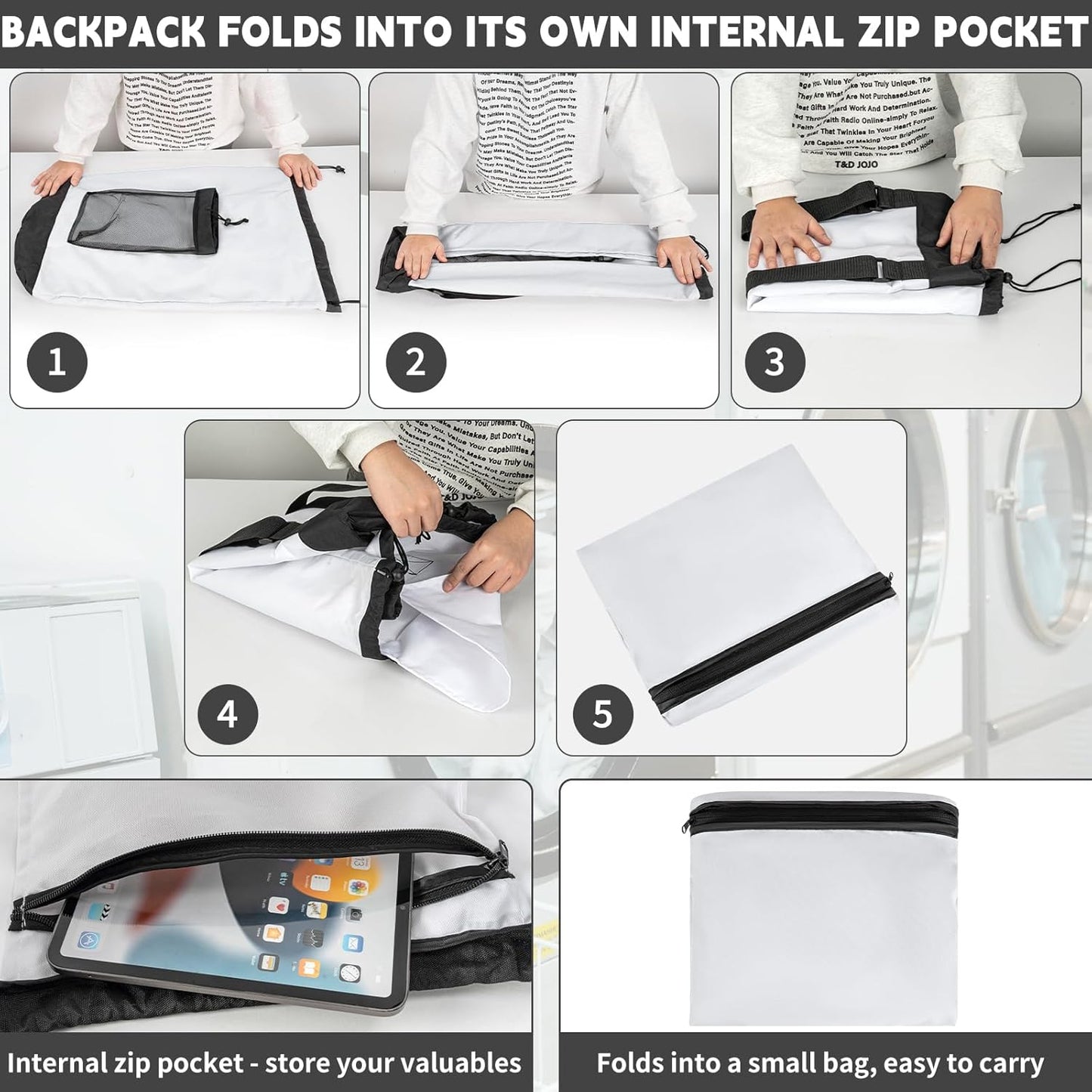 Laundry Bag Backpack with Shoulder Straps and Mesh Pocket Foldable Clothes Hamper Bag with Drawstring Closure for College, Apartment, Laundromat (White)