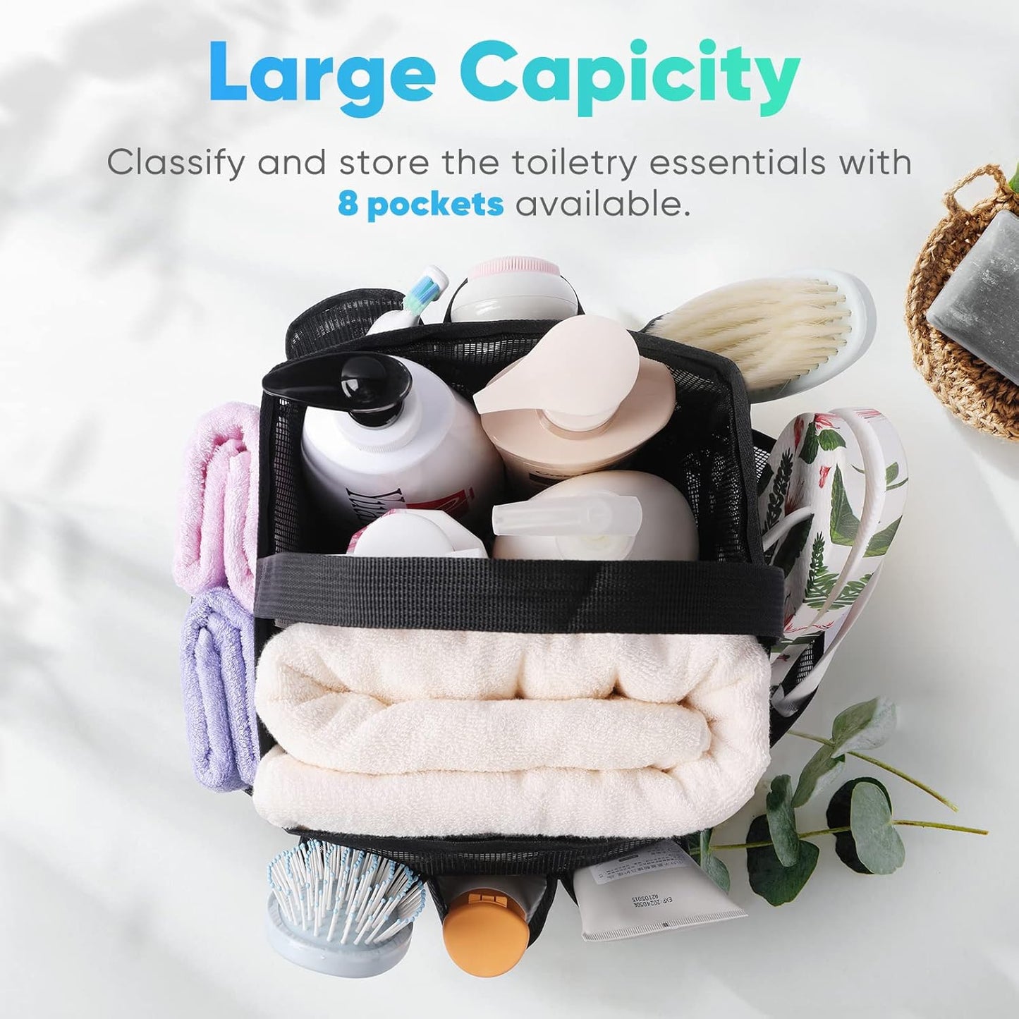 Eudele Mesh Shower Caddy Portable for College Dorm Room Essentials, 8-Pocket Large Capacity Shower Bag for Beach, Swimming, Gym