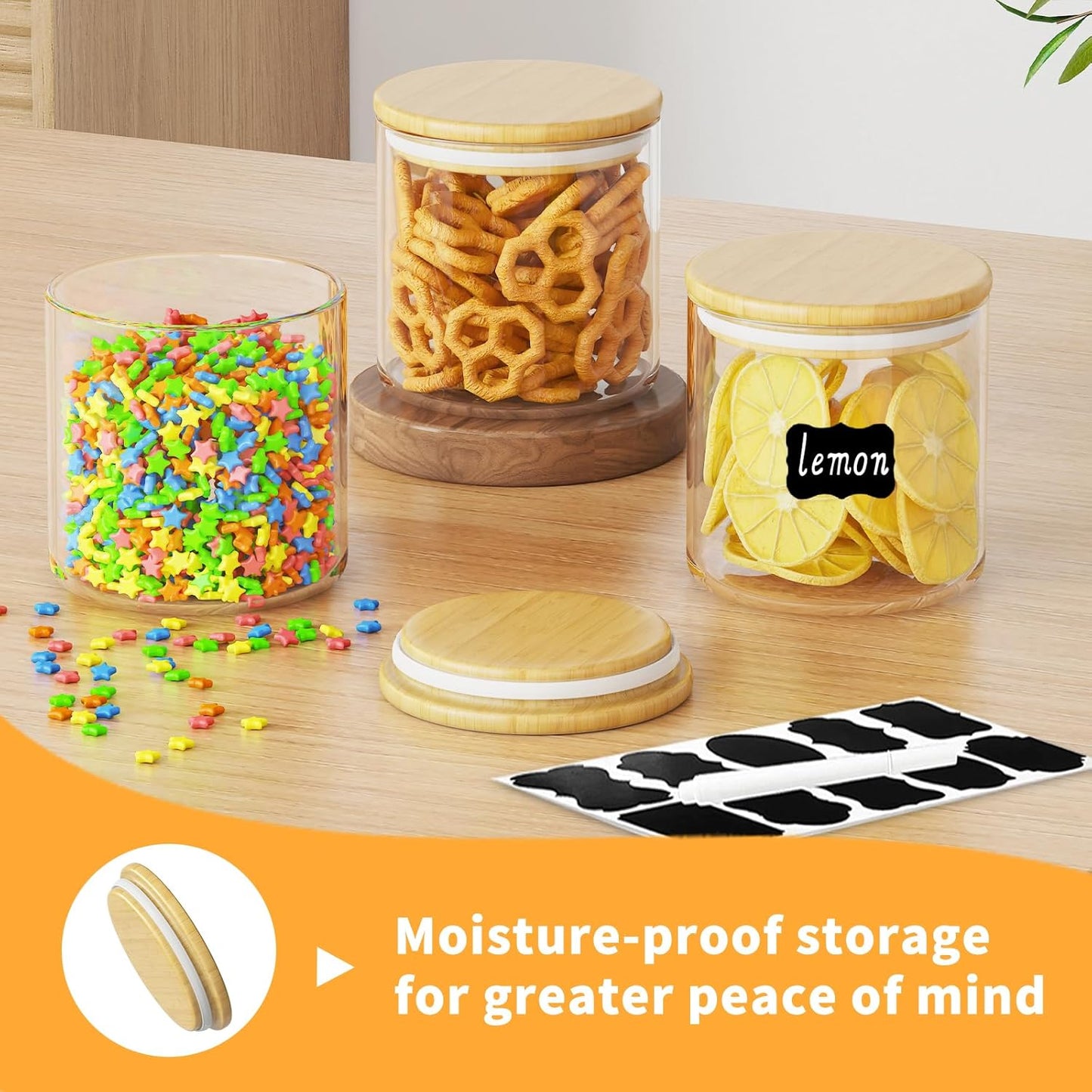 SODSAI 6 Piece Glass Storage Jars Set with Airtight Bamboo Lids and Labels, 20oz/600ml Glass Spice Jars Food Storage Containers for Home Kitchen,Pantry, Tea, Sugar, Salt, Coffee, Flour, Herbs, Grains