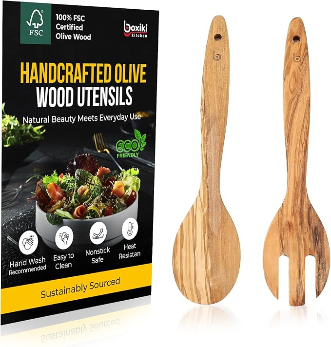 Olive Wood Utensil Set of 2 PCS – Handcrafted Wooden Spoon & Spatula – Natural Eco-Friendly Cooking Utensils, Nonstick Safe, Durable Kitchen Tools