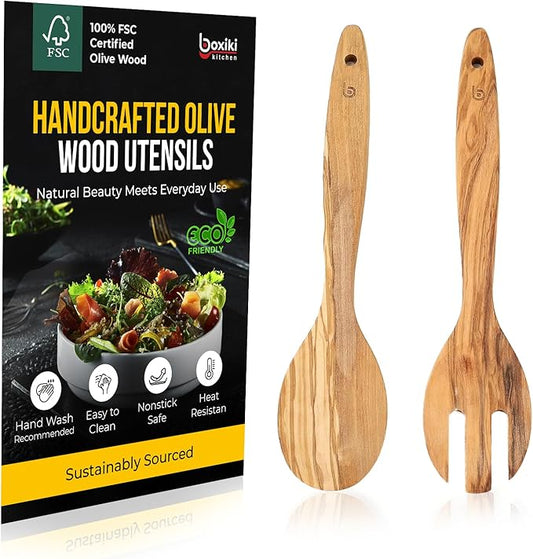 Olive Wood Utensil Set of 2 PCS – Handcrafted Wooden Spoon & Spatula – Natural Eco-Friendly Cooking Utensils, Nonstick Safe, Durable Kitchen Tools