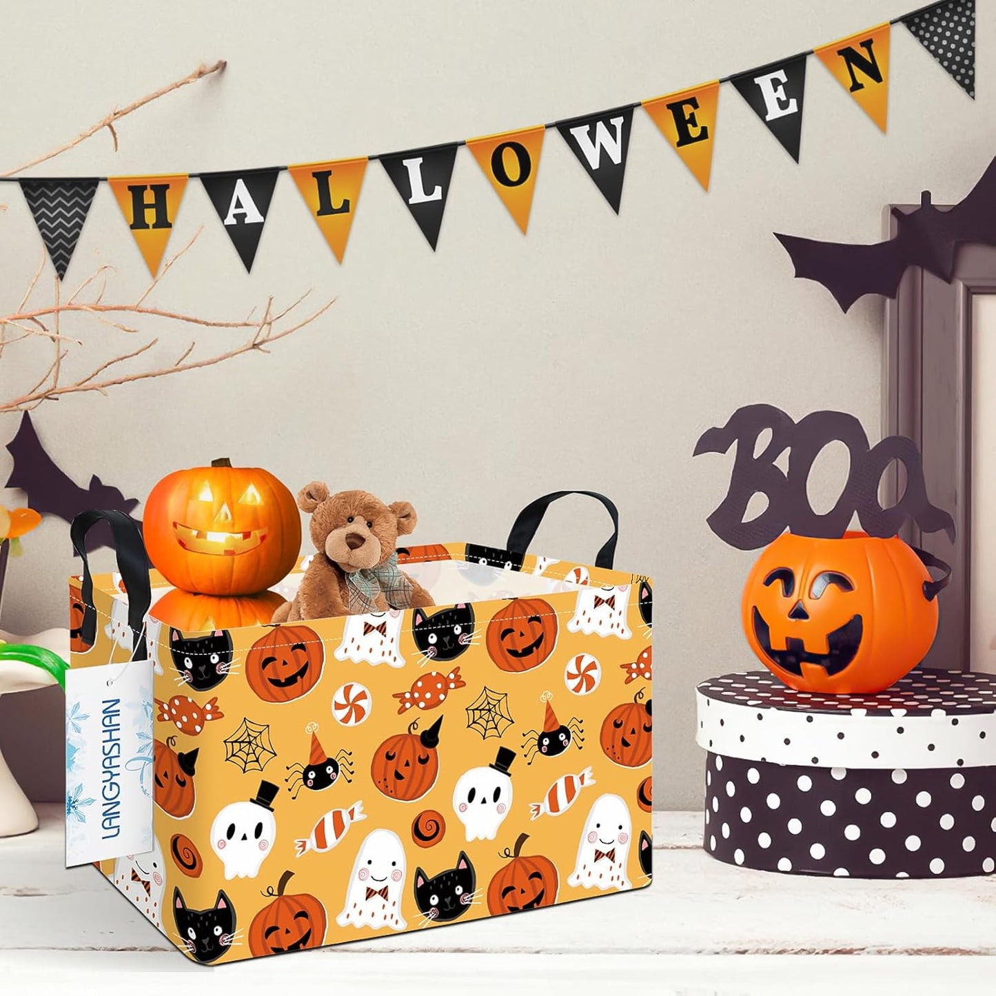 LANGYASHAN Rectangular Halloween Storage Bin Collapse Canvas Fabric Cartoon Storage Basket Home Kitchen Boys and Girls Toys Office Closet Shelf Baskets (Rec Halloween Pumpkin Ghost)