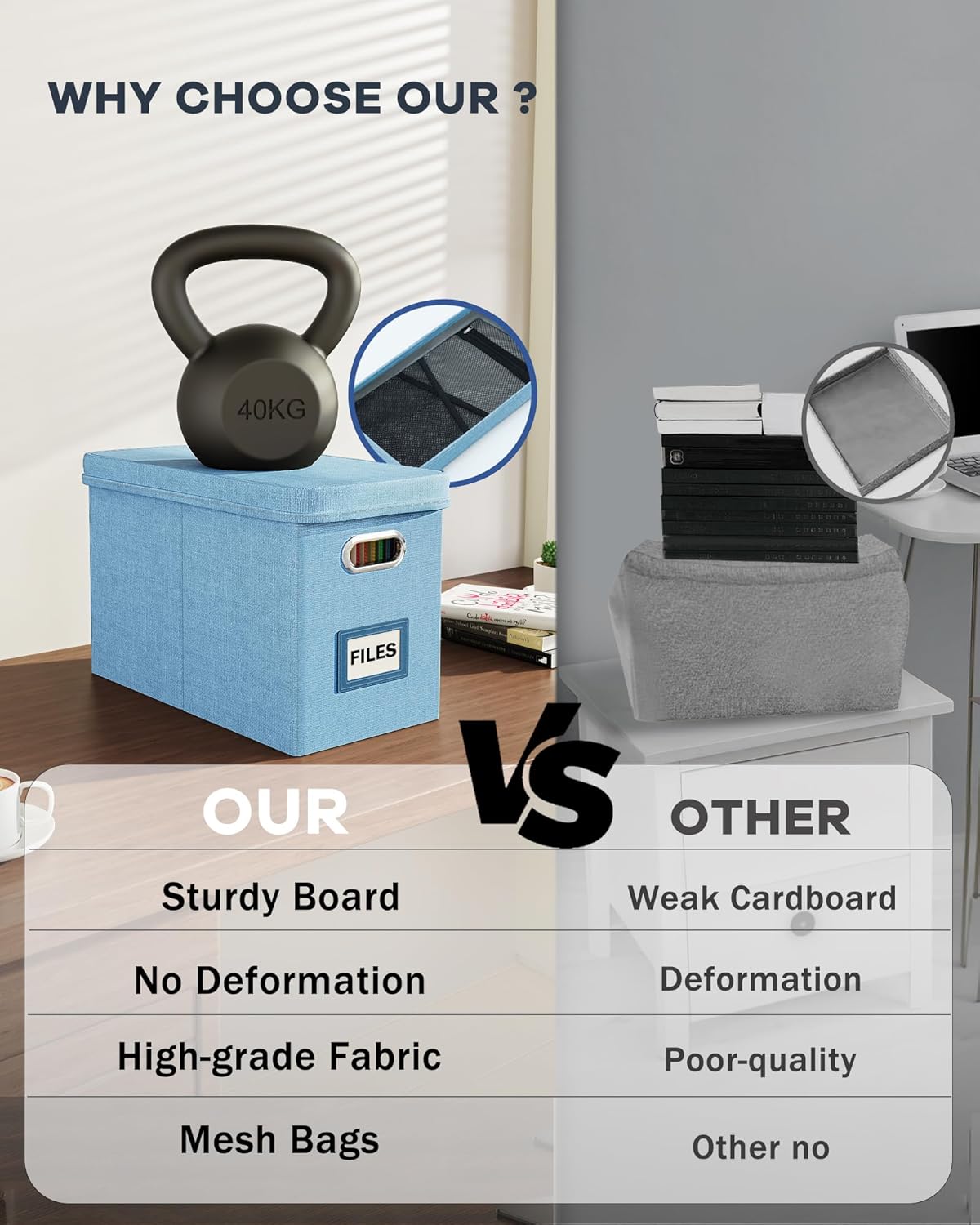 Oterri Portable Document Organizer with Lid, Hanging Storage Box with Mesh Pocket for Letter Files, Smooth Sliding Rail - Sky-blue (1 PCS)