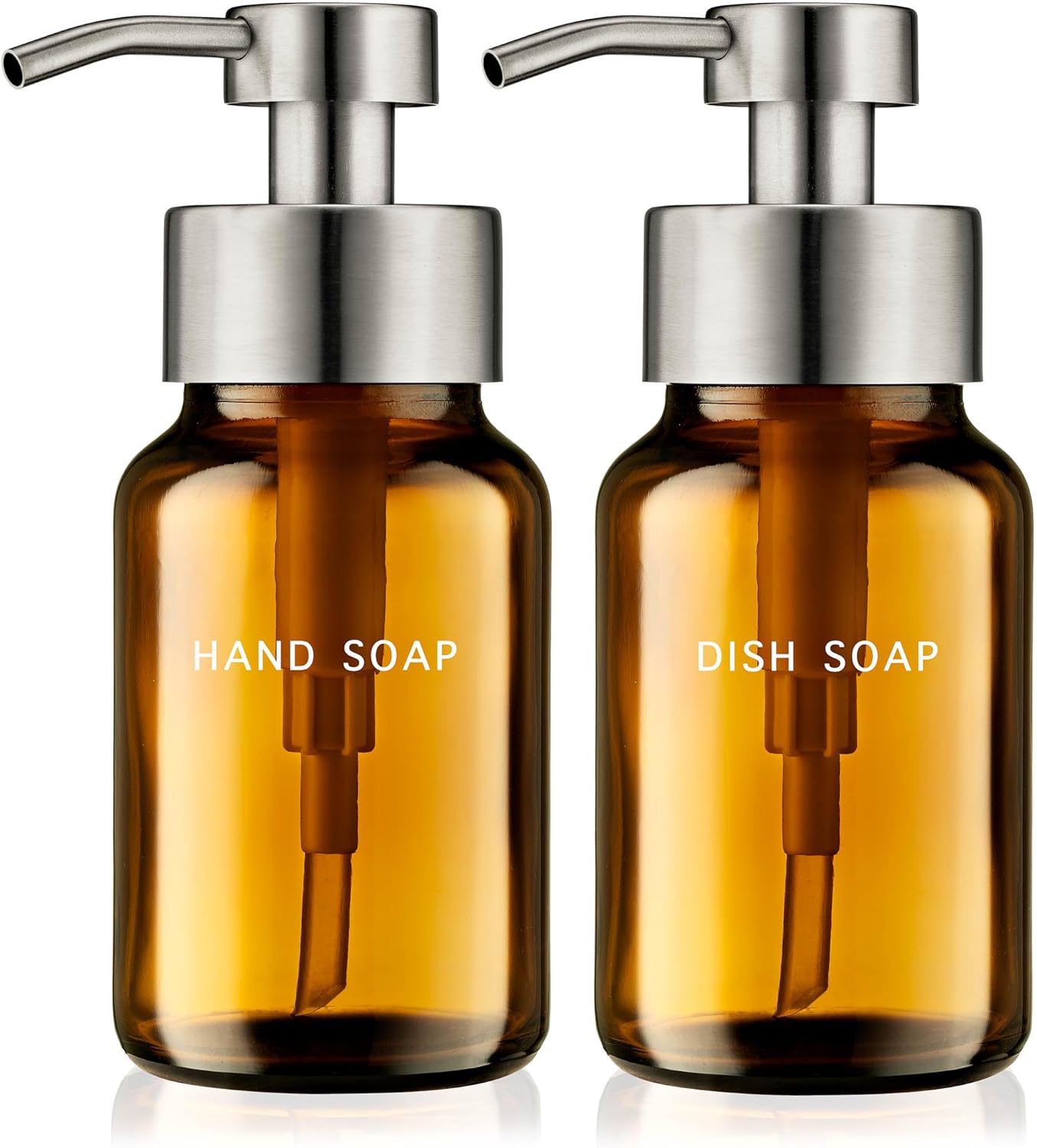 8.5oz Amber Glass Liquid Soap Dispenser - Refillable Pump Dispenser for Kitchen Sink & Bathroom Set - 2-Pack Stainless Steel - Ideal for Liquid Soap, Dish Soap & Hand Soap Essentials