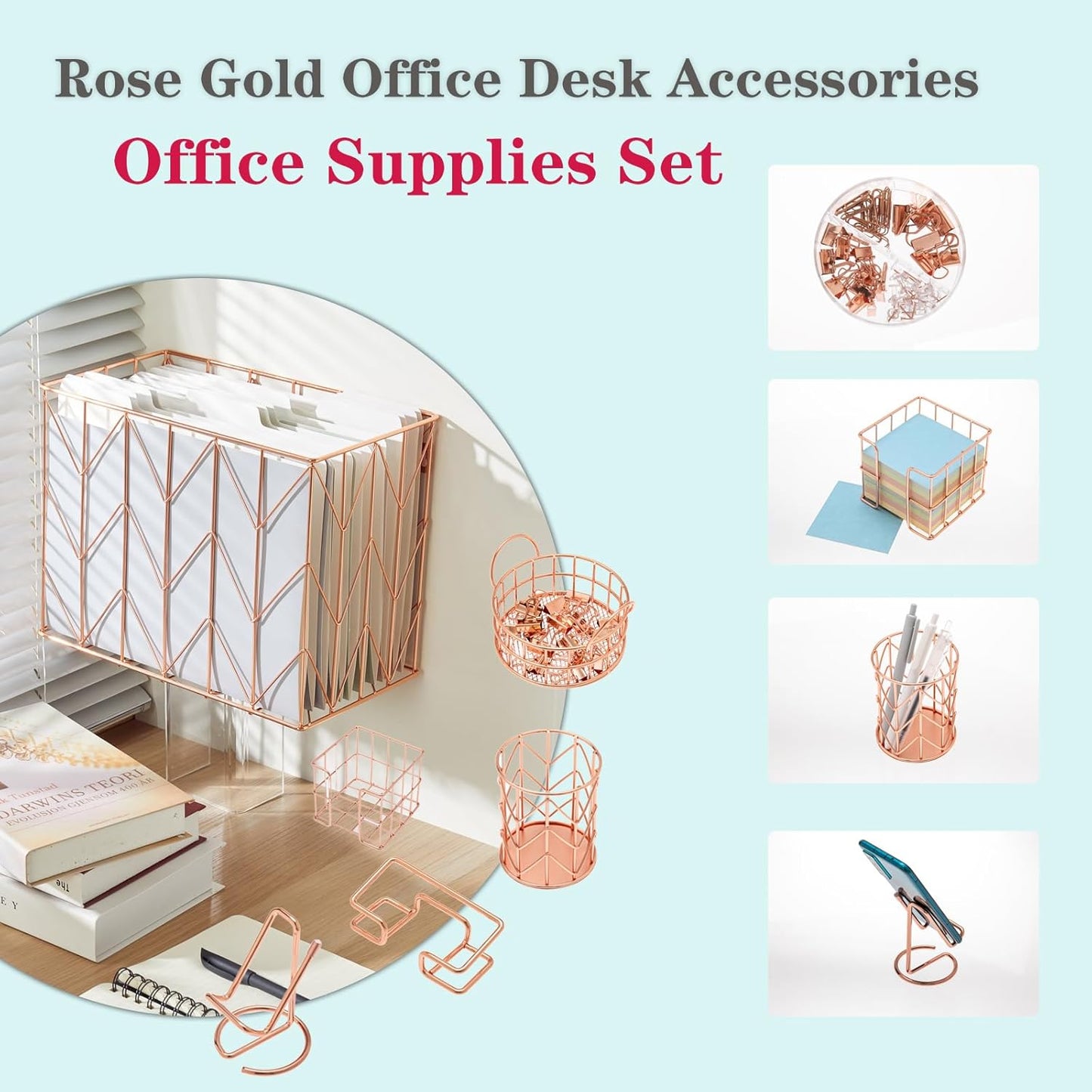 Hanging Rose Gold File Organizer, equipped with a 6-piece set of rose gold desktop accessories