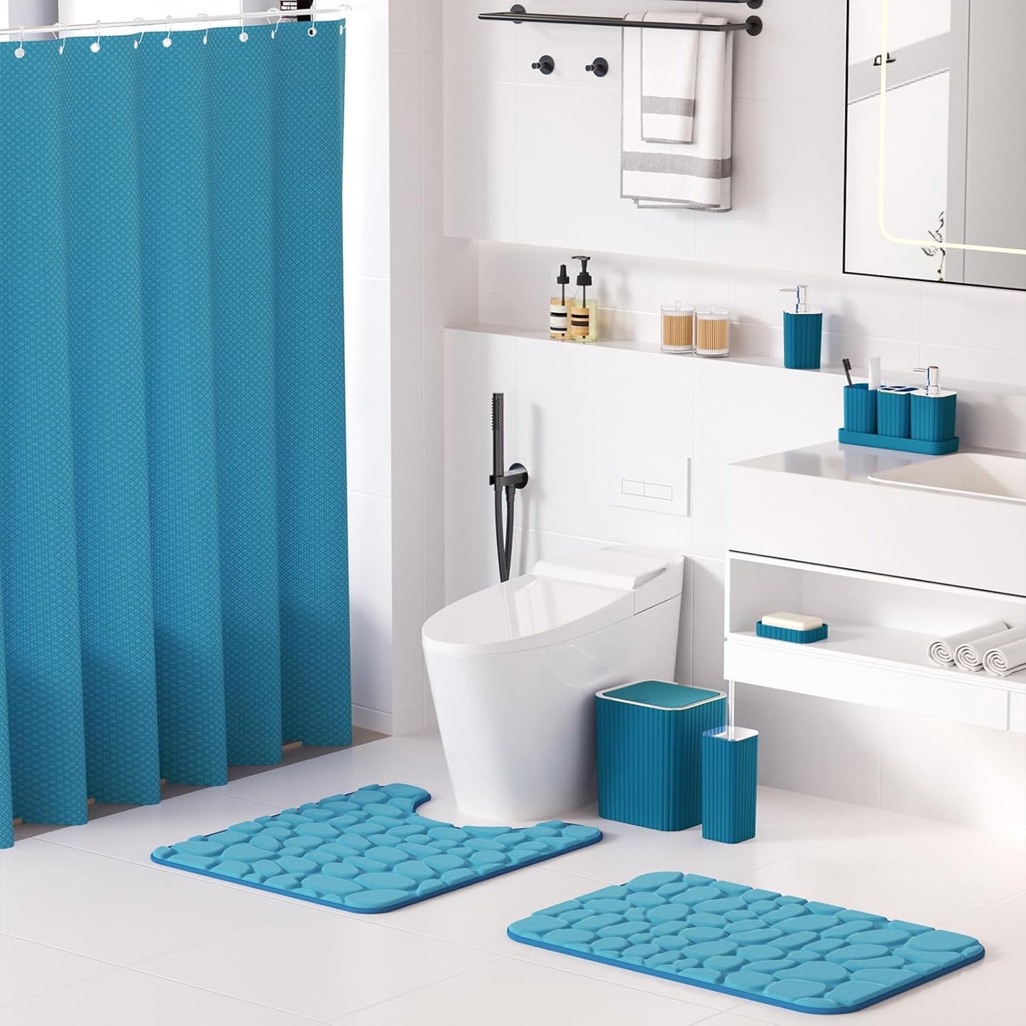 Bathroom Set with Shower Curtain and Rugs- 25PC Teal Bathroom Set, Bathroom Accessories Set, Shower Curtain Set, Trash Can, Qtip Holder Dispenser & Soap Dispenser