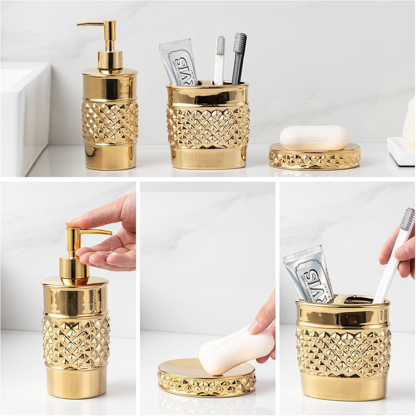 3-Piece Gold Ceramic Bathroom Accessories Set - Luxurious Soap Dispenser, Toothbrush Holder & Soap Dish with Modern Geo Embossed Design for Bathroom Accessory Set