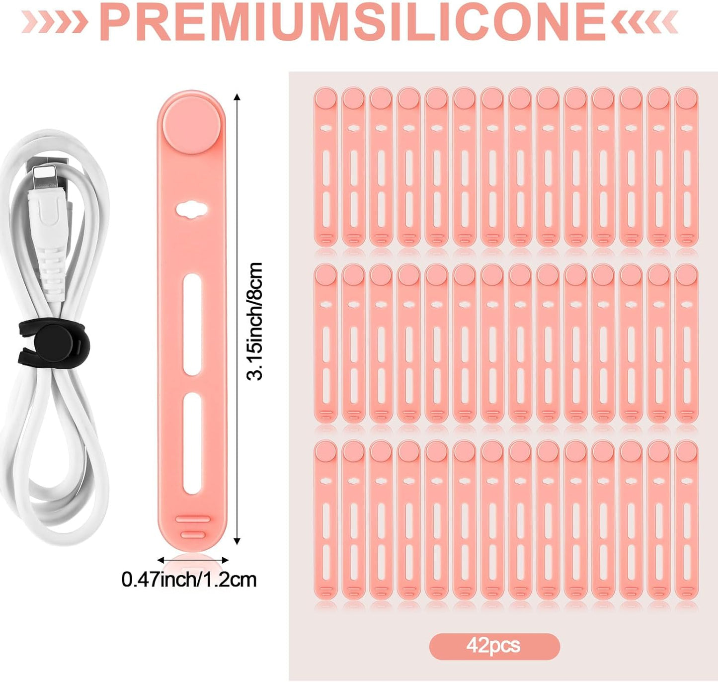 42 Pcs Silicone Cable Ties Reusable Cord Straps Multipurpose Elastic Cable Organizer for Bundling Fastening Earphone Phone Charger Home Office School (Pink,3.15 Inch)