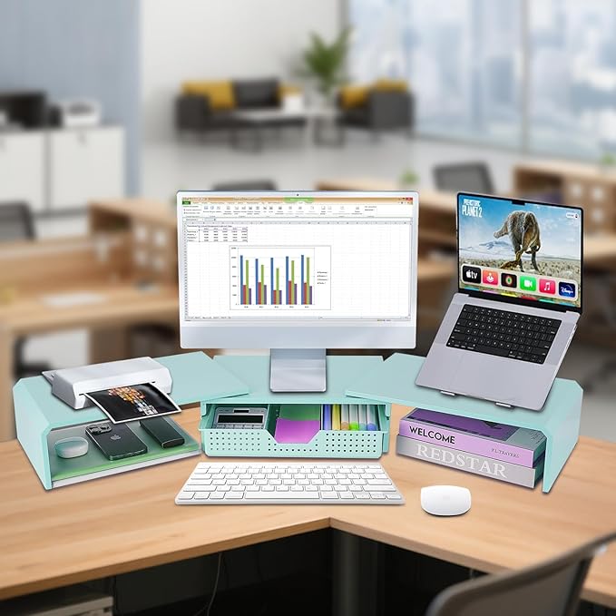 Dual Monitor Stand Riser with Drawer, Desk Organizer and Accessories, Metal Laptop Stand for Desk, Workspace Desktop Stand for Computer, Laptop, TV and More (Sky Blue)