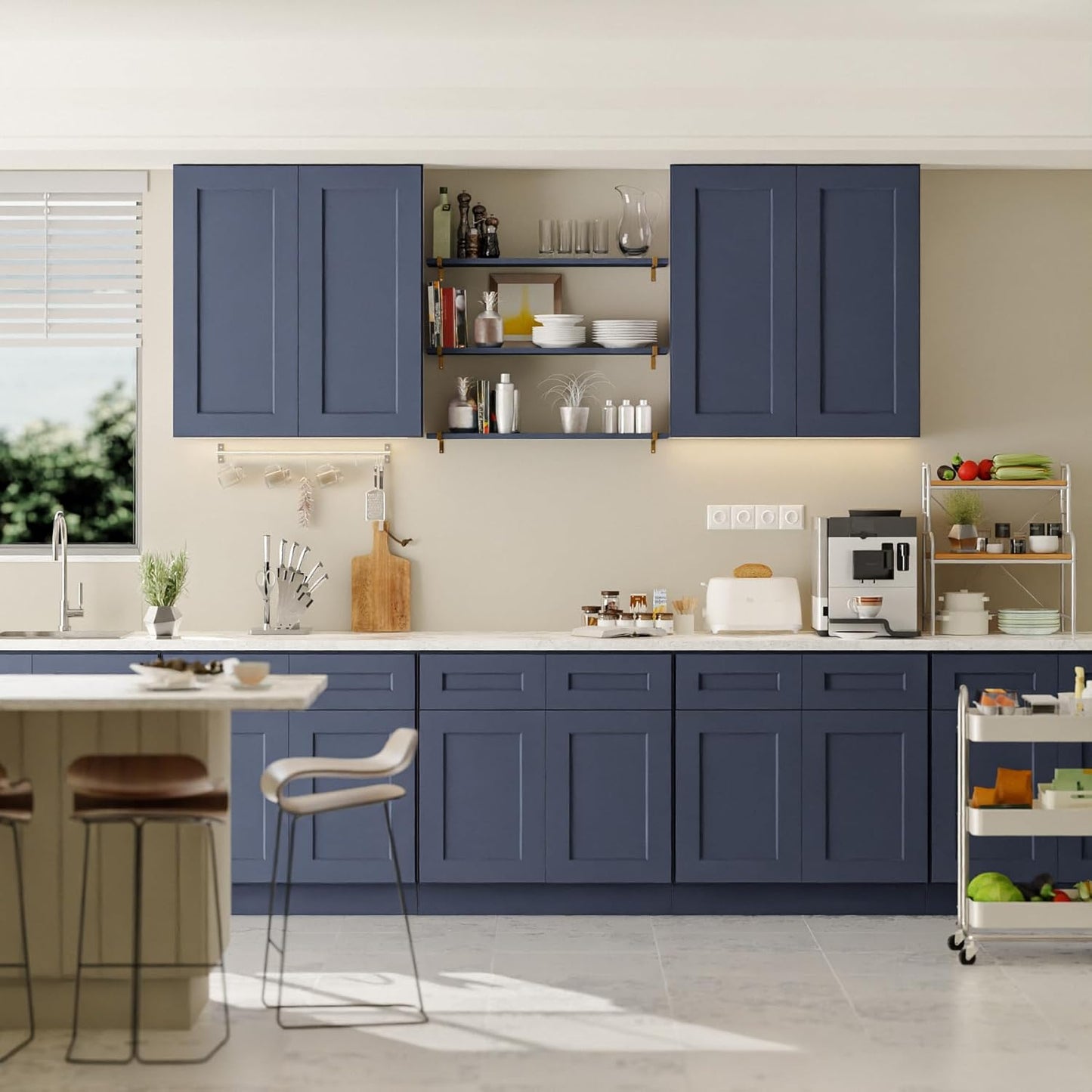 33 Inch Laundry Room Cabinets Wall Mounted, Solid Wood Over The Toilet Storage Cabinet, Bathroom Organizer Cabinets with 2 Shaker Door & Shelves, Easy to Assemble for Kitchen, Garage - Blue