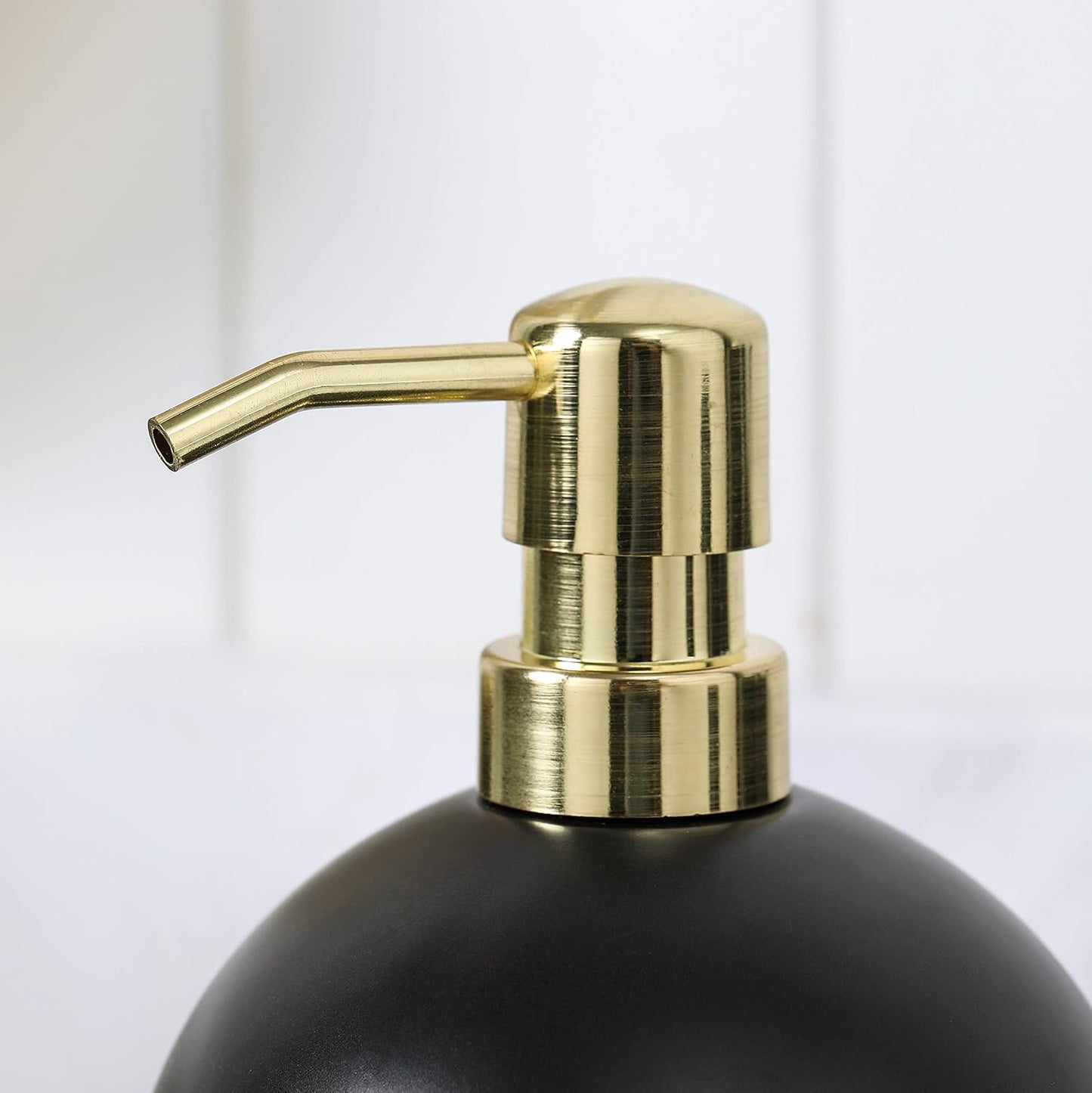 Bathroom Accessories Set, 5-Piece Ceramic Bath Accessory Complete Set with Lotion Dispenser/Soap Pump, Cotton Jar, Vanity Tray, Tumbler and Toothbrush Holder (Black and Gold)