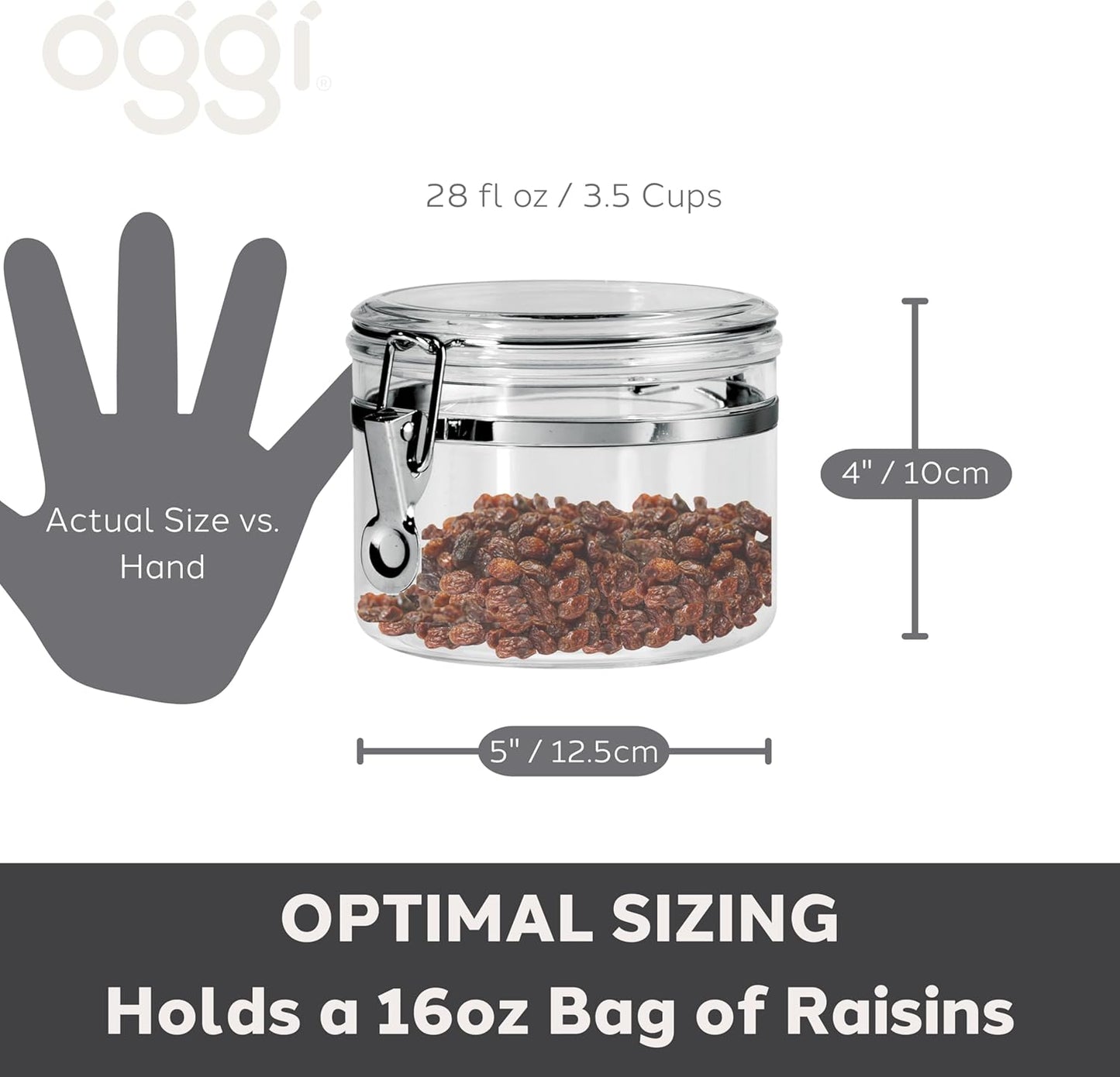 Oggi Clear Canister with Clamp Lid, 28 oz - Large Airtight Food Storage Container, for Kitchen & Pantry Storage of Bulk, Dry Foods Including Pasta, Flour, Sugar, Coffee, Rice, Tea, Spices & Herbs