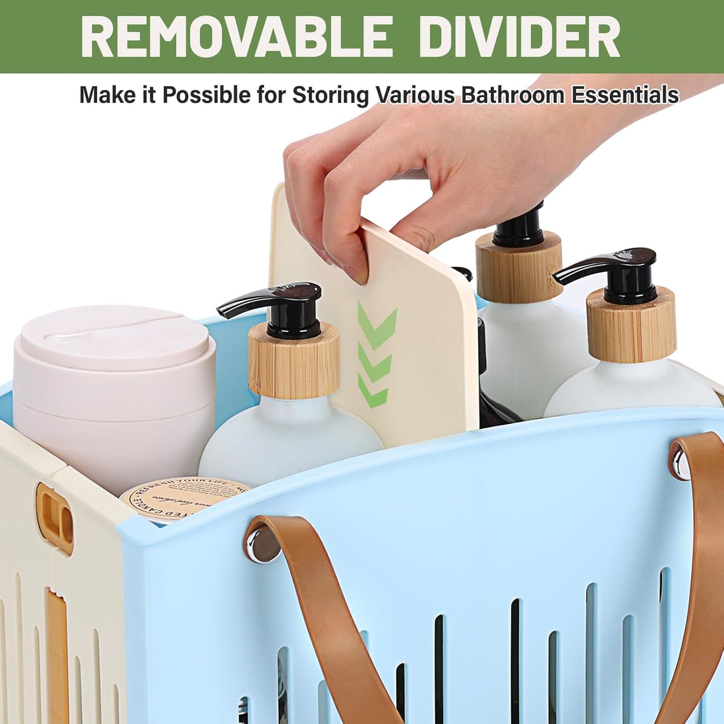 Portable Shower Caddy Collapsible Plastic Shower Basket Tote with Handles Removable Divider, Cleaning Caddy Storage Organizer for Bathroom College Dorm (Blue)