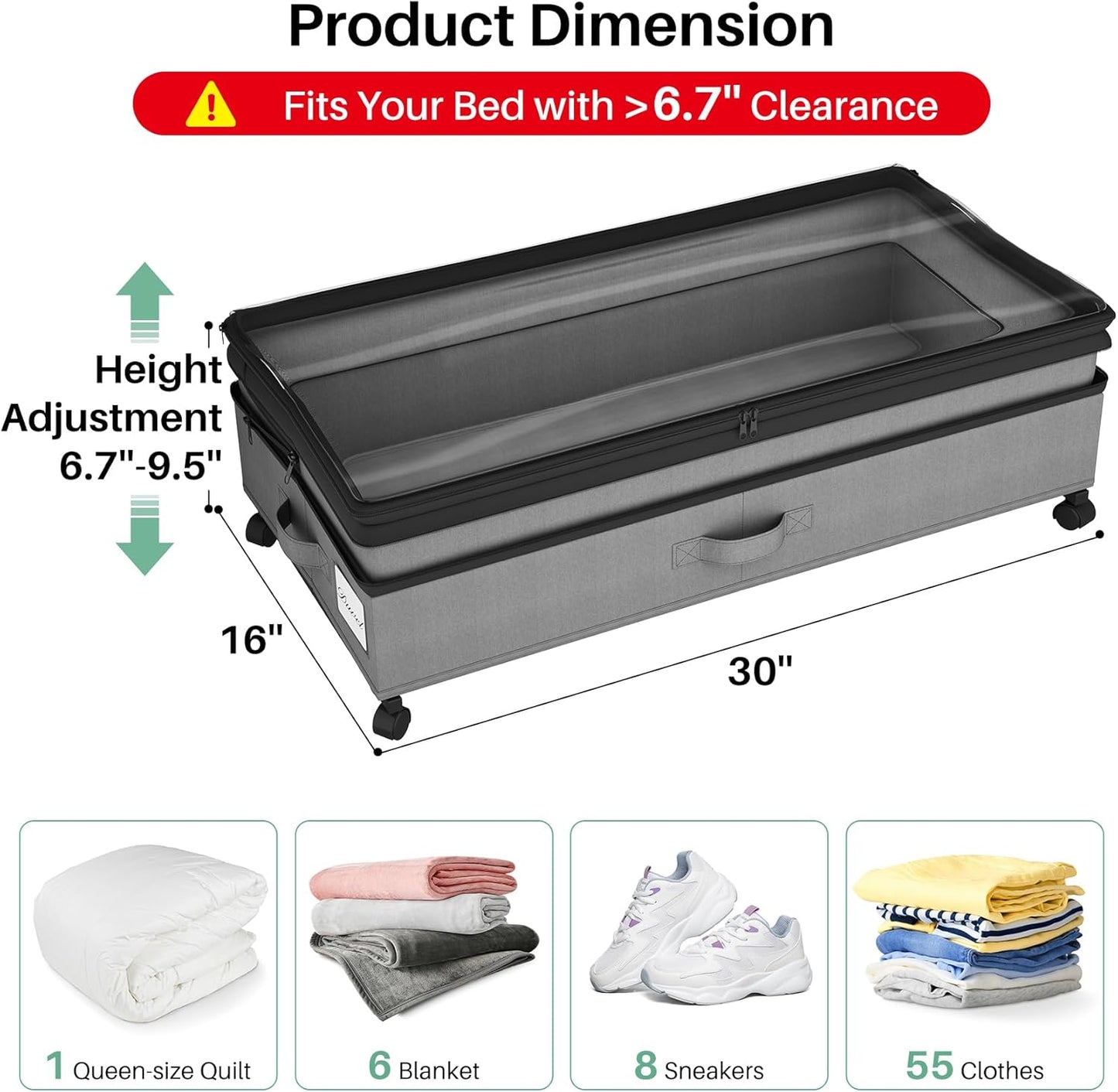 Kitstorack Under Bed Storage with Wheels 2Pack Height-adjustable Under Bed Storage Containers,Under Bed Shoe Storage Organizer with Clear Window&Label, Suitable for Clothes Storage, Gray