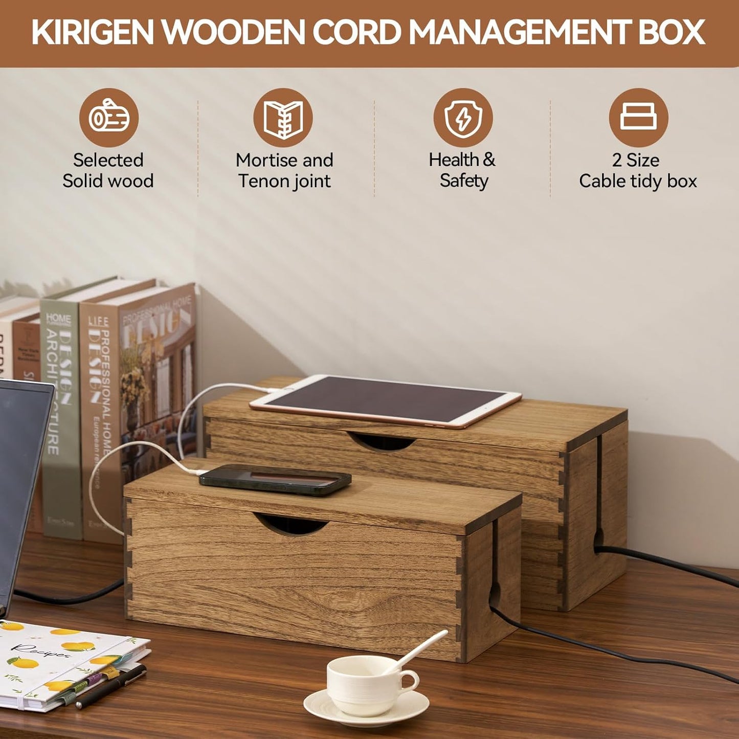 KIRIGEN Cable Management Box Wooden Cord Organizer Hide Power Strip Desk Wires Protector for Home Office TV Computer (DXH2T-DBR)