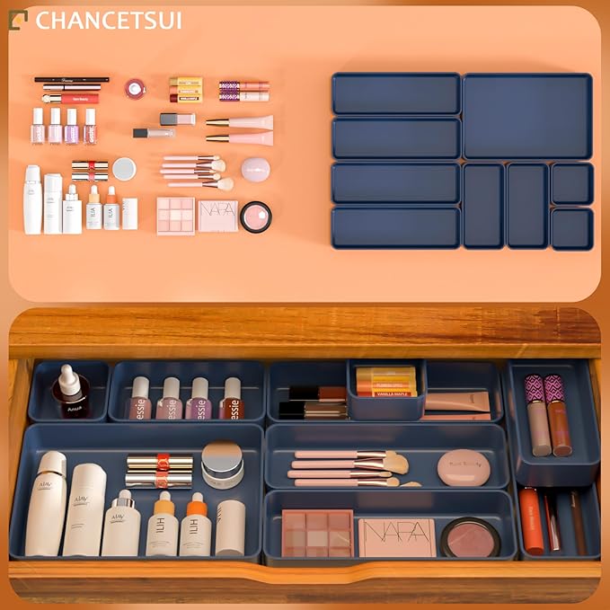 9 Pcs Stackable Drawer Organizer Trays Set, Multifunctional Stackable Storage Trays for Vanity, Bathroom, Kitchen, Desk Drawer Organizer Office. Plastic Drawer Organizers Available In 5 Colours, Blue