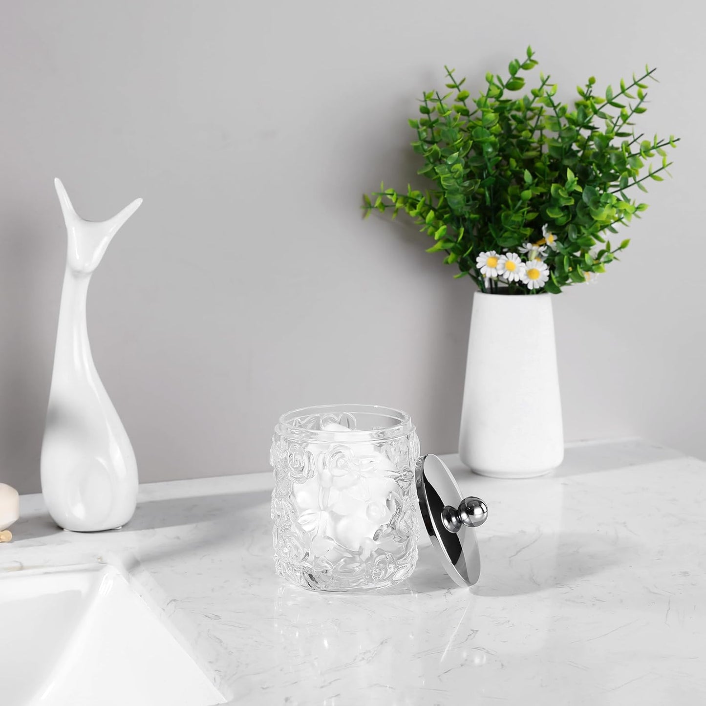 Clear Transparent Apothecary Floral Embossed Glass Jar With Silver/Chrome Metal Lid Cover for Bathroom Organization, Cotton Balls, Q Tips, and Small Accessories, Bathroom Storage