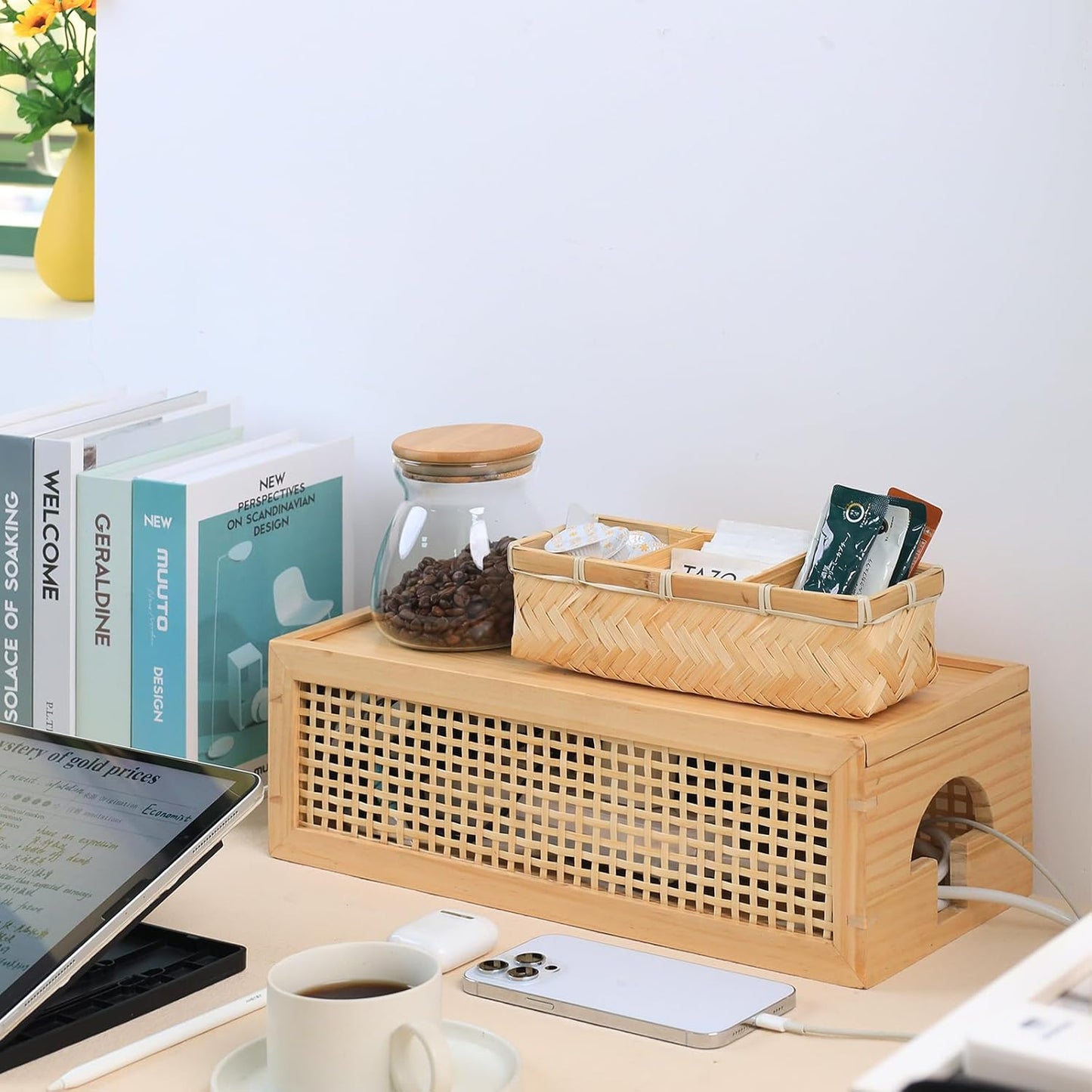 HTB Pinewood Cable Management Box with Bamboo Rattan Mesh - Vintage Cord Organizer for Desk with Valet Tray, Pull-Out Lid Design Safe for Kids and Pets