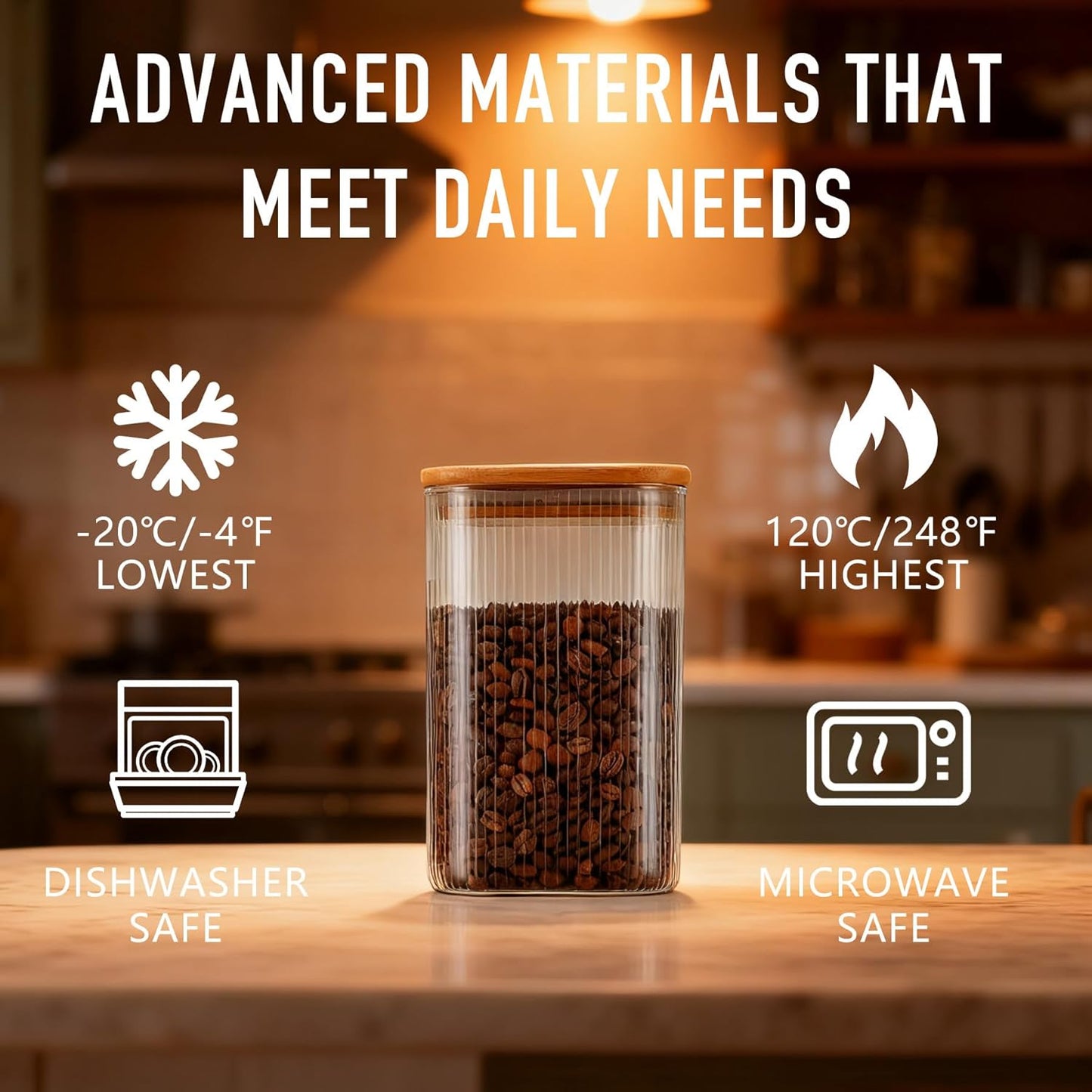 37oz Airtight Glass Square Storage Canisters with Bamboo Lids Set of 4 (1100ml) Striped Stackable Containers, Kitchen Jars for Pantry Noodles, Flour and Coffee beans (‎with Black Lable)