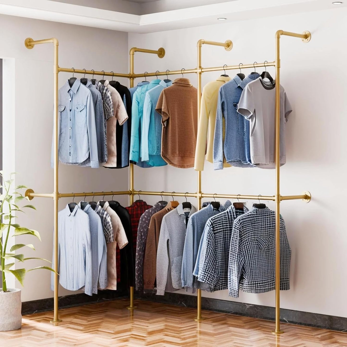 Industrial Pipe Gold Clothes Racks Wall Mounted, Rustic Gold Industrial Pipe Clothing Rack Design - Stylish & Heavy Duty Corner Garment Racks, Perfect for Home or Retail Display