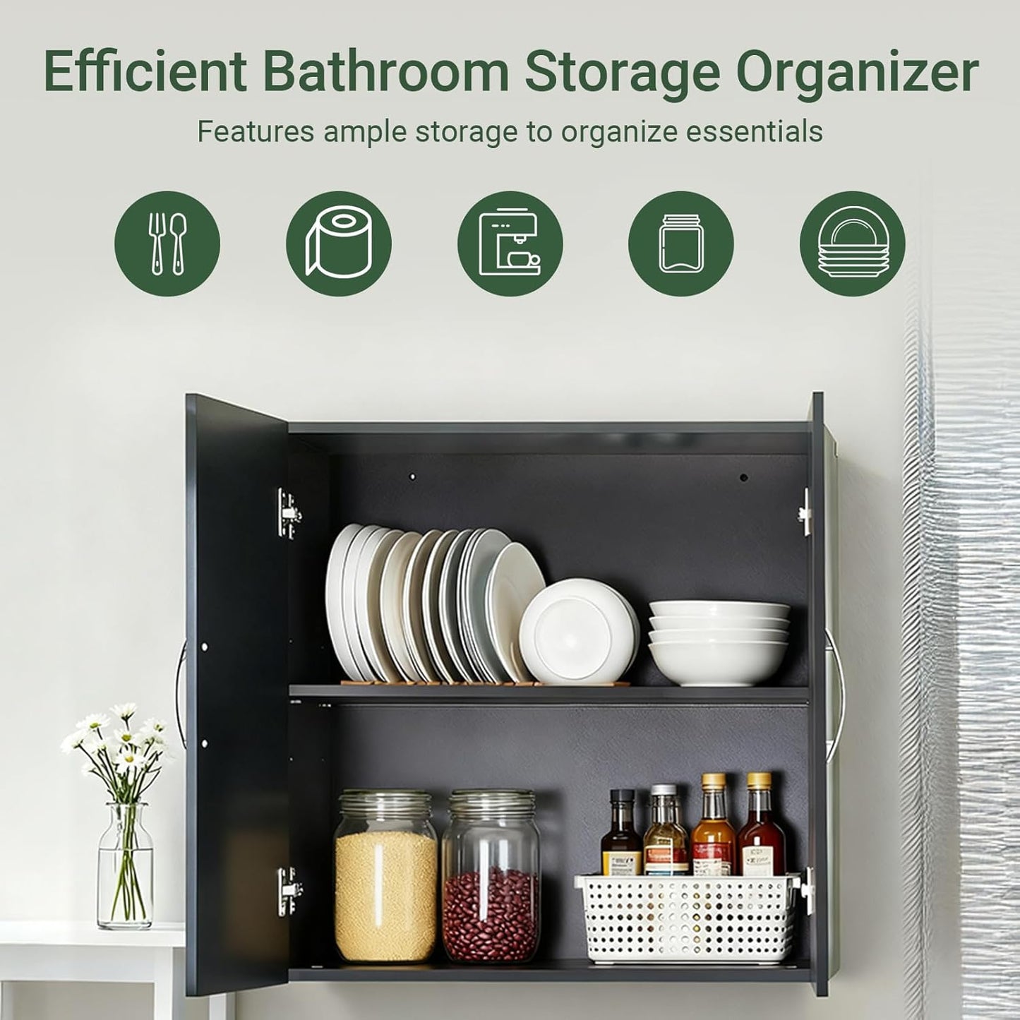 Bathroom Wall Cabinet, Over Toilet Storage Cabinet with Adjustable Shelf and Doors, Wall Mounted Medicine Cabinet for Small Spaces, Laundry Storage Cabinet, Black HUS-BZR200