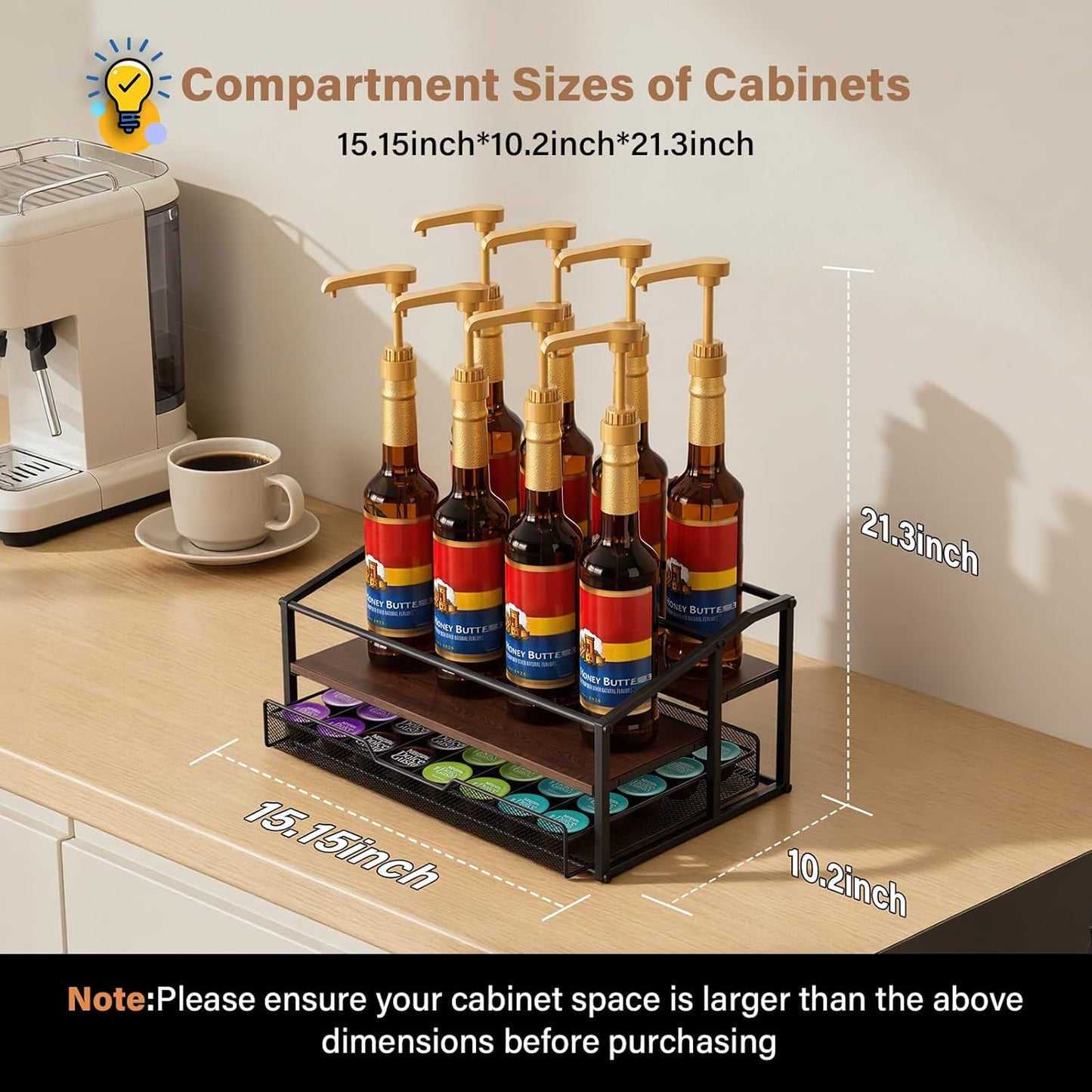 Coffee Syrup Rack Organizer, 3-Tier 8 Bottle Syrup Rack with 35 K Cup Drawer for Coffee Bar, Countertop Bottle Holder Stand for Dressing for Kitchen Cafe Station