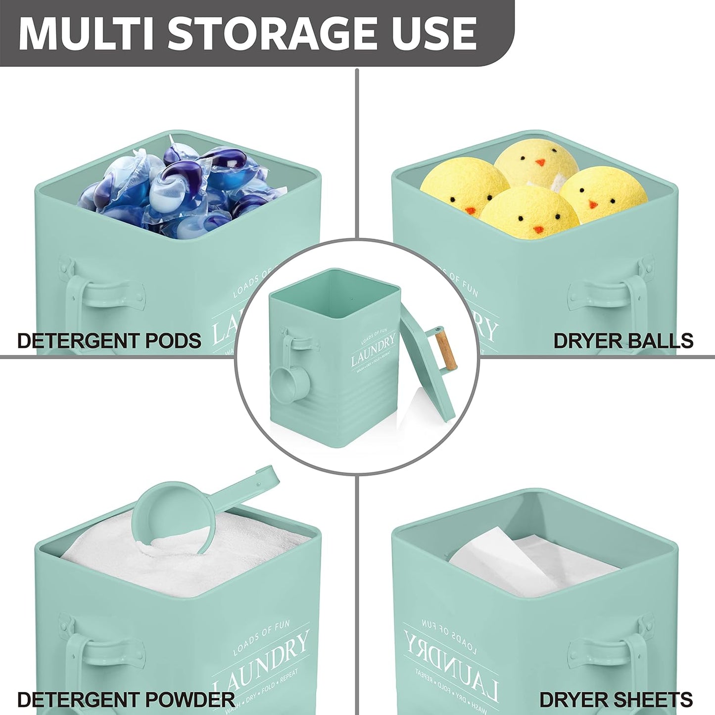 Calindiana Modern Farmhouse Metal Soap Dispenser with Scoop for Laundry Room Decor and Organization, Mint