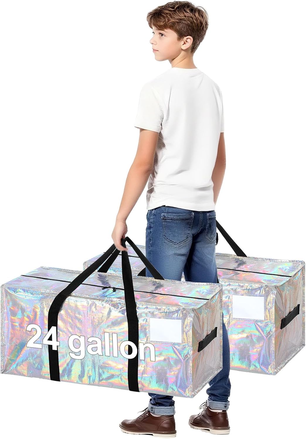 4 Pcs 24 Gallon Large Moving Bags with Zipper and Handles Foldable Storage Duffle Bags Heavy Duty Extra Large Totes for College Dorm Travel Clothes Blankets Bedding Moving (Iridescent)