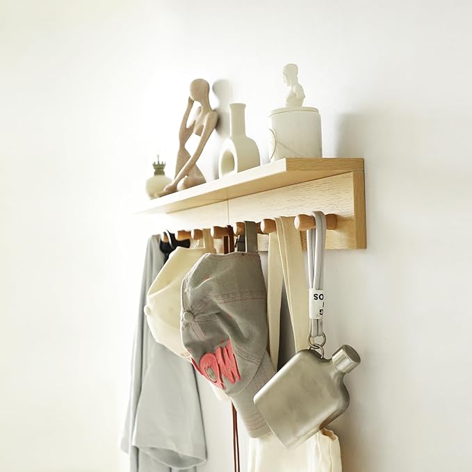 Wall Mount Coat Rack with Shelf, Sturdy Wooden Floating Shelf withHooks Save Your Indoor Space, Wall Organizer siutable for Entryway, Mudroom,Kitchen, Bathroom, etc(Oak Finish)