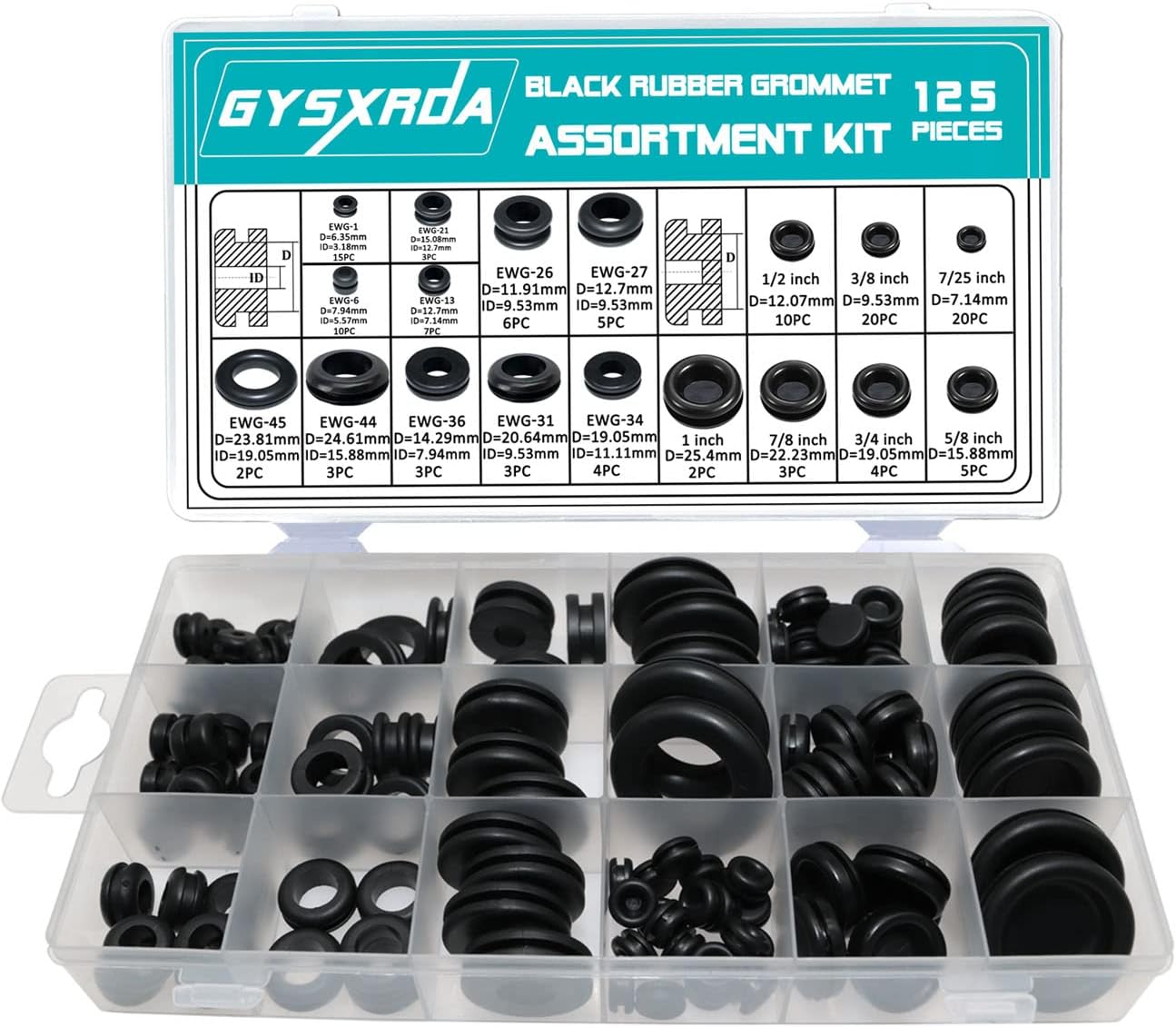 Rubber Grommet 125 PC - 18 Sizes Firewall Rubber Hole Plugs Rubber Grommets for Wiring, Automotive Firewall Grommet, Home Improvement Cord Pipe Wire Organization