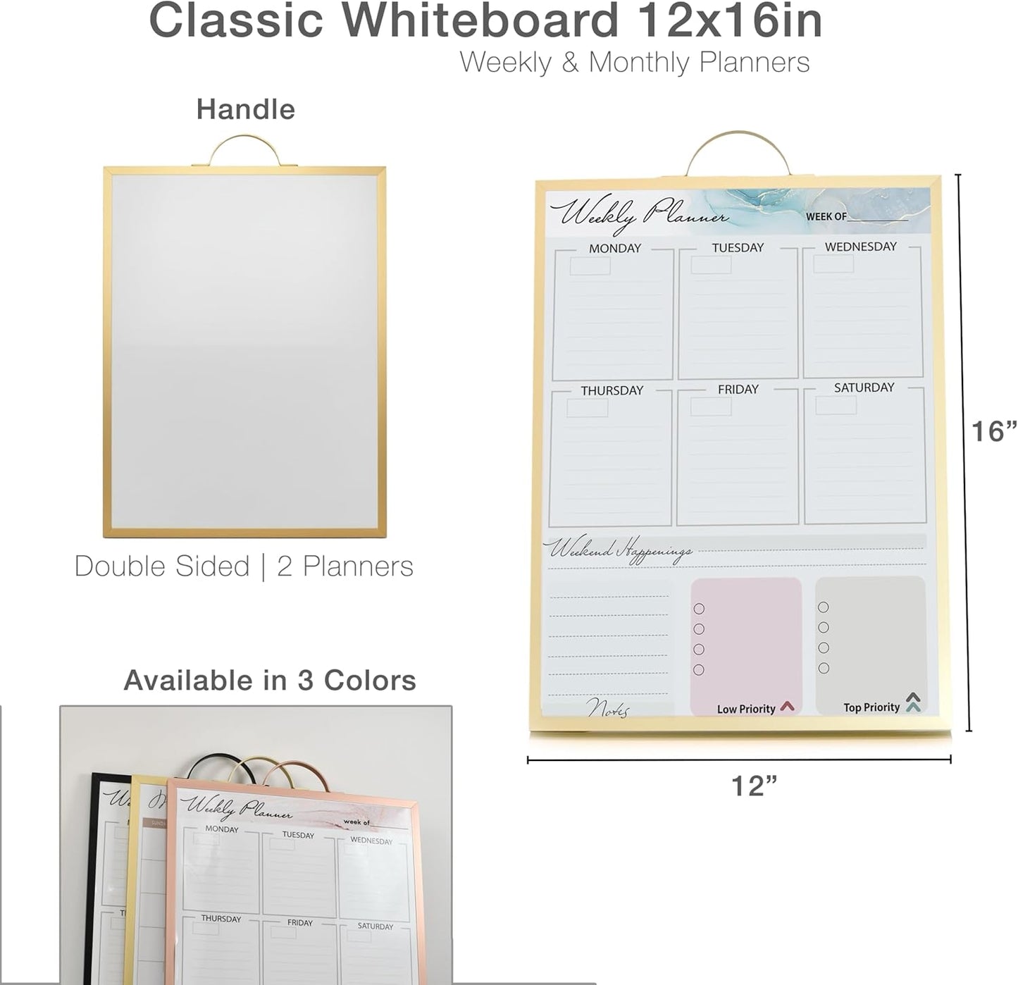 Small Whiteboard 12 x 16 Inch Magnetic Dry Erase Board with Handle | Gold Aluminum Frame | Double-Sided Planner Board with Weekly & Monthly Sheets | 3 Markers, Eraser & 2 Magnets