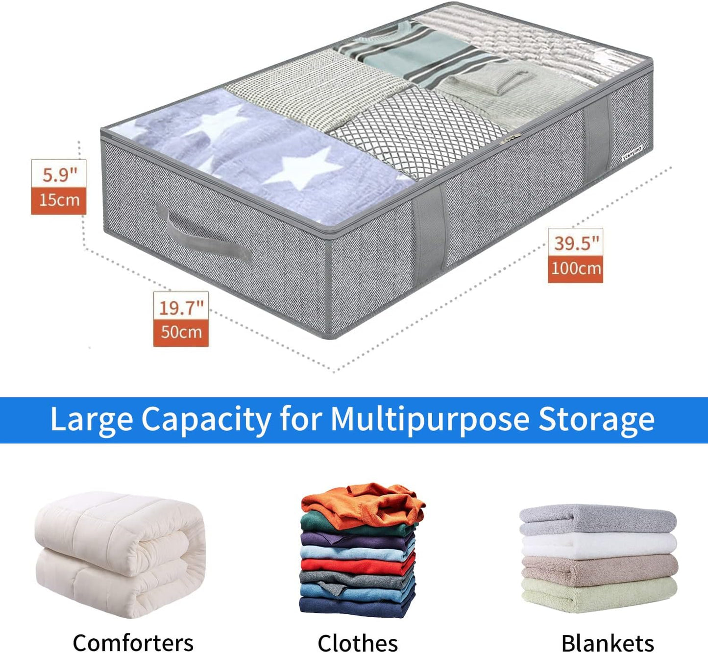 Onlyeasy Underbed Storage Bags Organizer, 4 Pack Large Capacity Under Bed Storage Containers with Reinforced Handles, Foldable Fabric Storage Bins with Clear Window, Herringbone Grey, 7MXRUBBP4