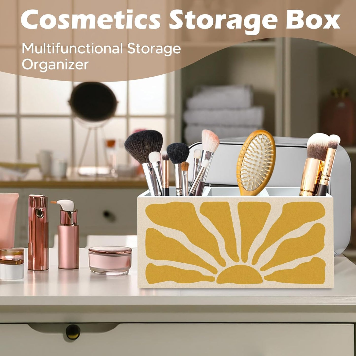 DILSJ Boho Abstract Sunshine Pen Pencil Holder Organizer for Desk, Boho Office Decor, Groovy Retro Abstract Sunshine Wooden Box Signs for Home Office Desk Tabletop Decoration