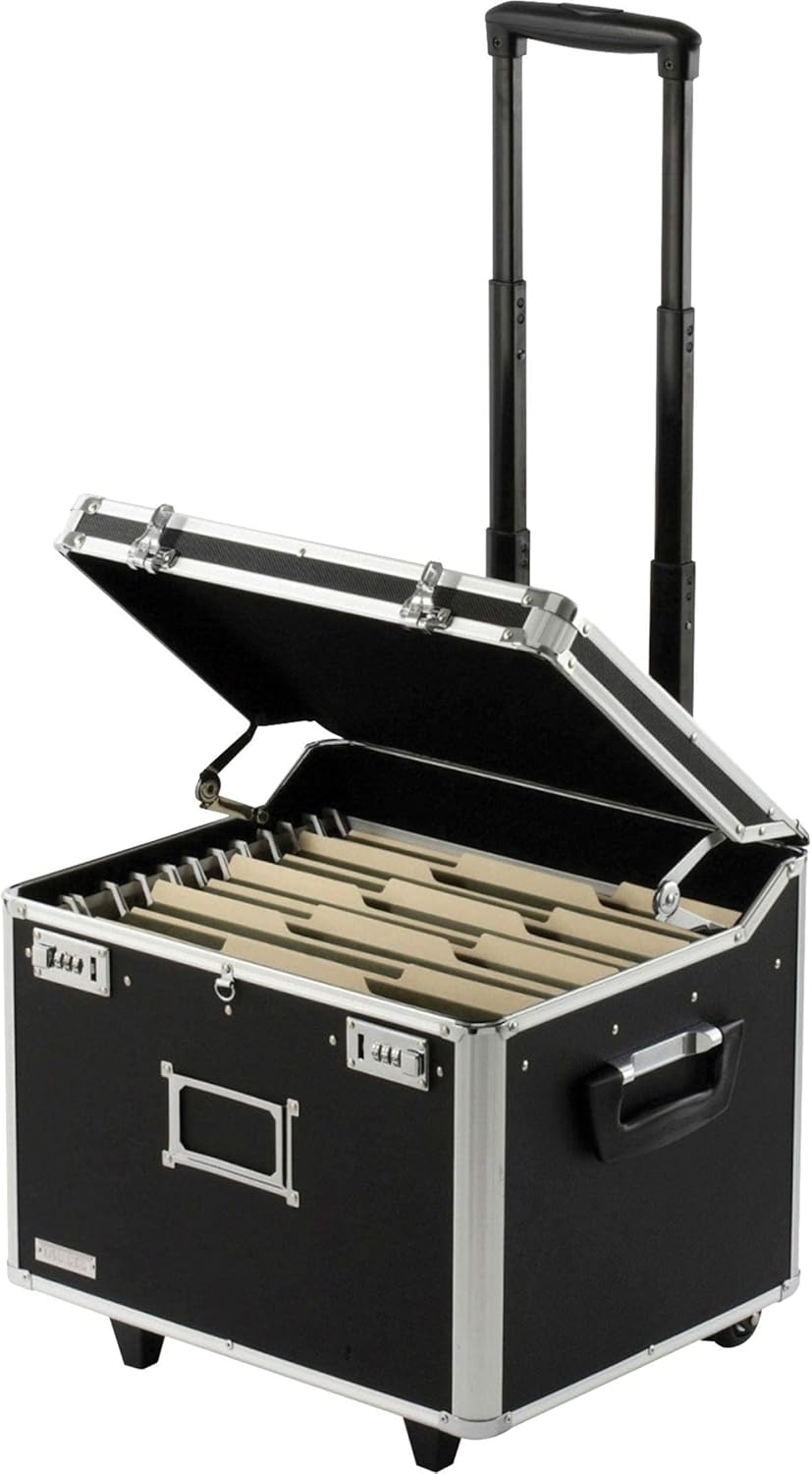 Vaultz Portable File Storage Box with Handle - 14.5" x 17.5" x 15.5" Letter/Legal Size Mobile Lock Box - Double Combination Locking Cabinet - Black
