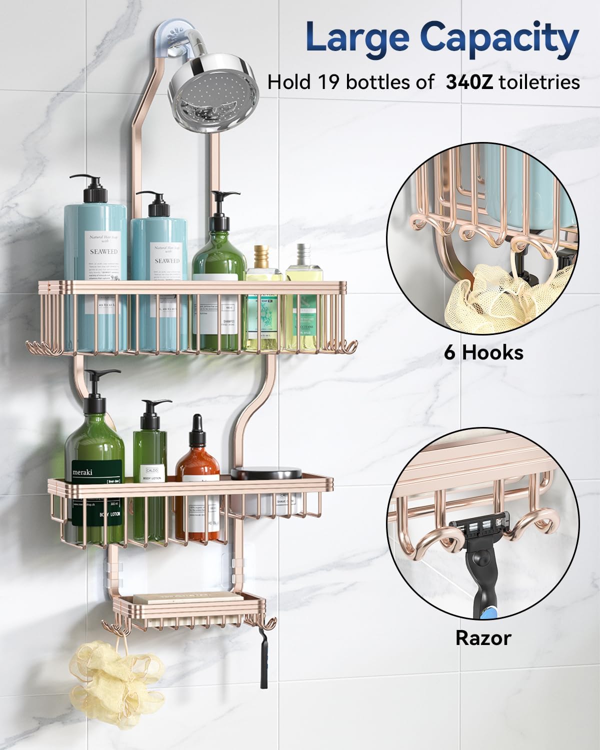 YASONIC Shower Caddy Hanging - Never Rust Shower Organizer - Aluminum over The shower head caddy with 10 Hooks for Razor/Sponge - Shower Rack with Soap Basket - Rose Gold