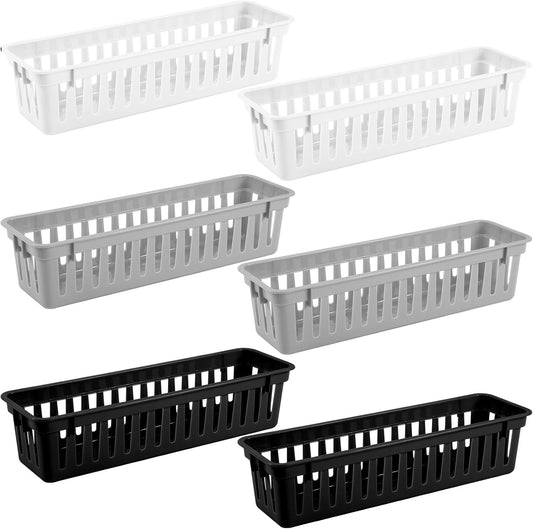 6 Pcs Black,White,Gray Slim Plastic Storage Baskets Tray 10 x 3 x 2.5 Inch Compact Stackable Desk Organizer for Office, Classroom, School Supplies, and Home Storage, Organization(Black,White,Gray)