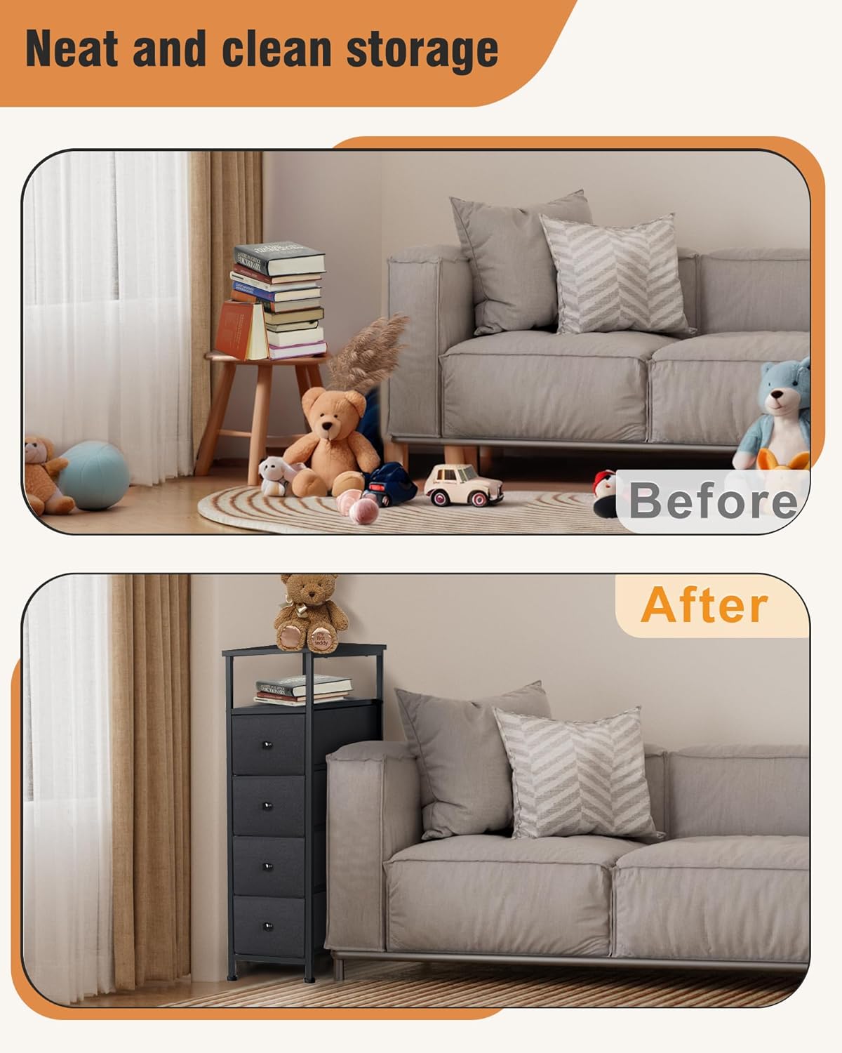 Narrow Dresser for Bedroom, Fabric Tall Dresser & Chests of Drawers with 4 Drawers, Vertical Organizer Storage Tower Unit for Bedroom, Hallway, Entryway Balck