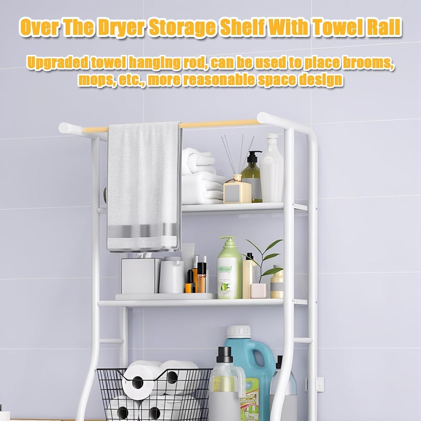 Over The Washer And Dryer Storage Shelf, 3-Tiers Over Dryer Storage Organizer for Space-Saving, Over Dorm Fridge Shelving Unit for Laundry Room Bathroom (White)