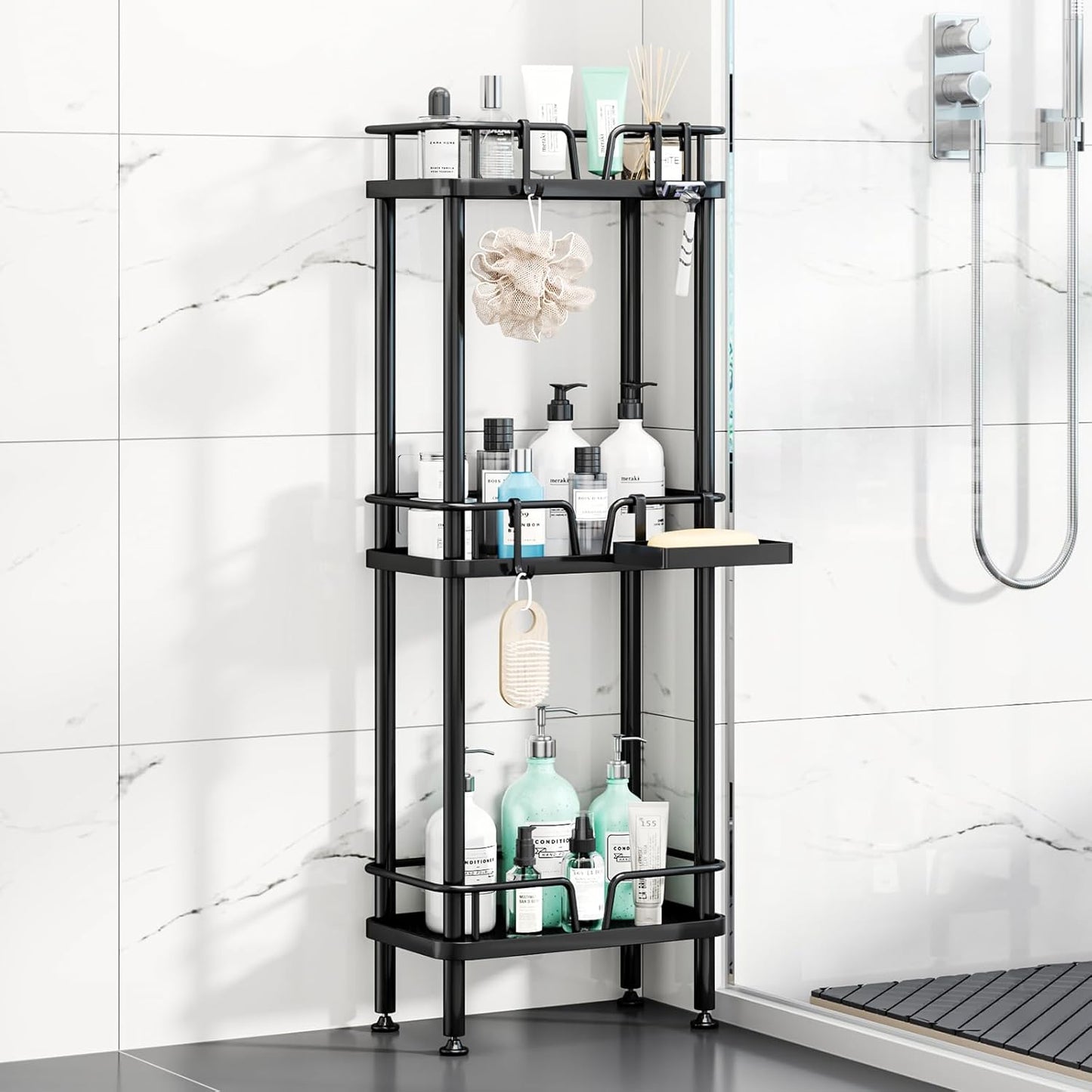 HapiRm Standing Corner Shower Caddy - 3 Tier Corner Shower Organizer with Soap Holder, Rustproof Stainless Steel Bathroom Shelf with 4 Hooks, Black